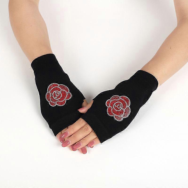 Gants sans doigts en strass pour femme, motif flocon de neige noir, motif renne, pour l'hiver
