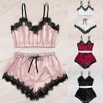 Women's Bow Lingerie Set, Polyester Lace Satin Cami Top, Casual Sleepwear, Black White Nude Wine Red, S/M/L/XL, 2 Piece Set