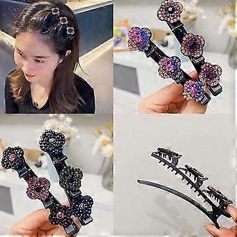 Satin Fabric Hair Bands, 4/8 Pcs Sparkling Crystal Stone Braided Hair Clips, Clover Rhinestone Hair Clip with 3 Mini Hair Clips Duckbill Hair Clips (4