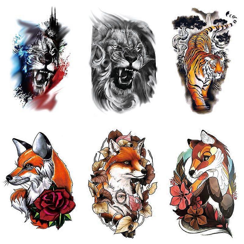 Colorful Fox Lion Tiger Temporary Tattoos 6 Sheets Set