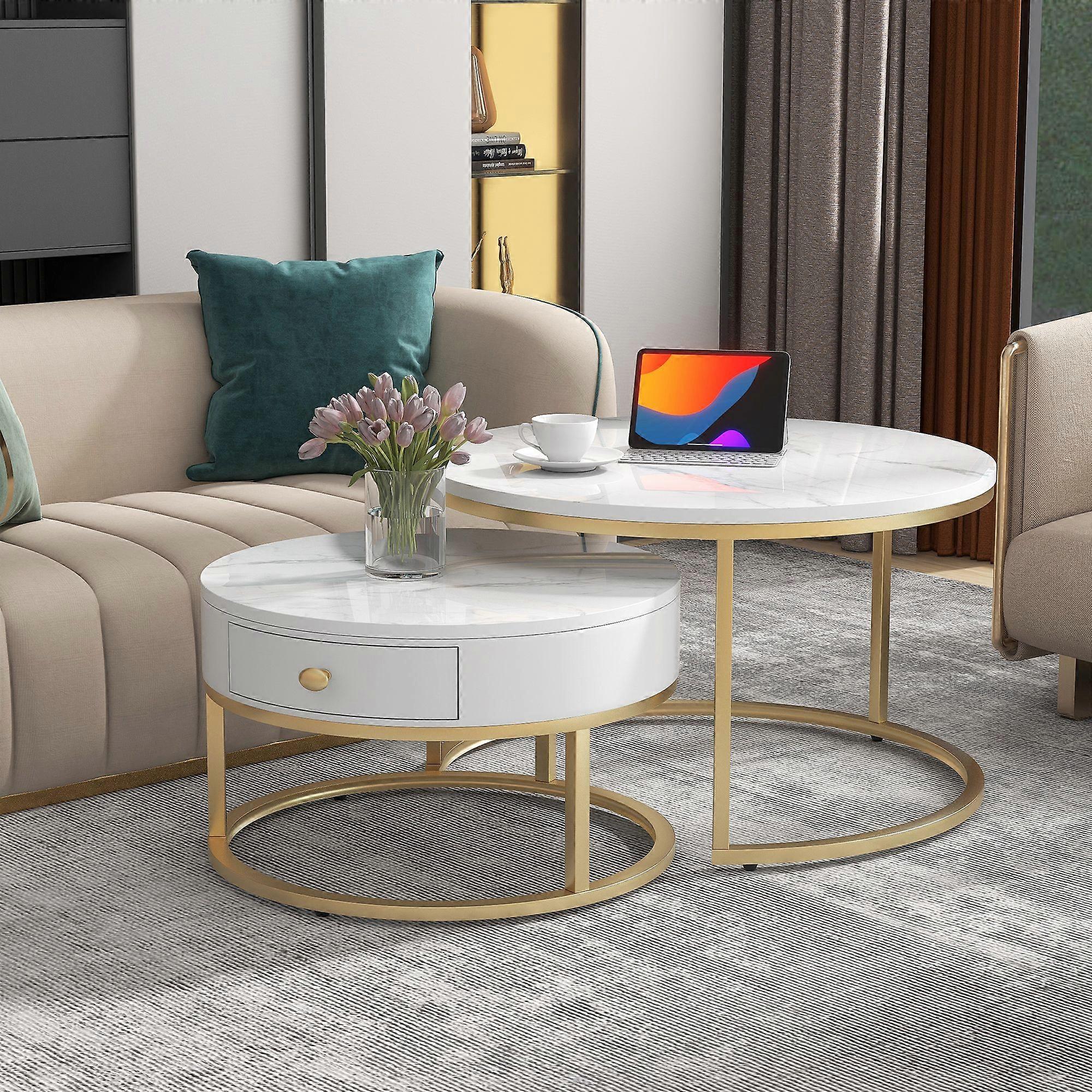 instructions change) Modern Nesting Coffee Table High Gloss Marble Pattern 2-Piece Set Round Coffee Tables Round Nested Side Table