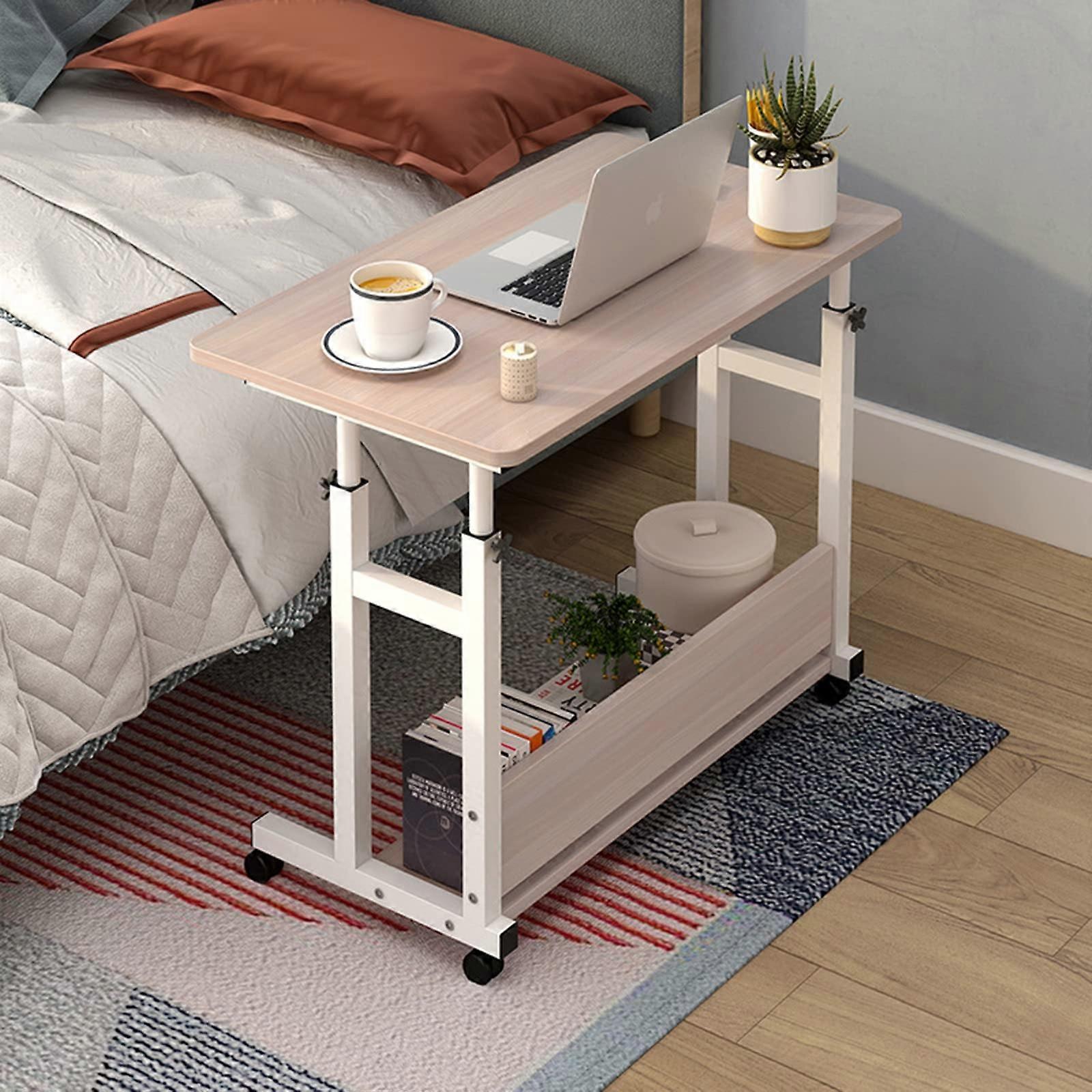 Overbed Table with Wheels Adjustable Height, Stable Dual Pole Support, Rolling Bedside Laptop Table for Elderly