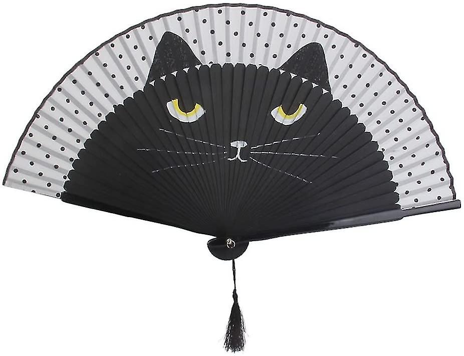 Bamboo Silk Folding Fan With Cat Pattern Hand Fan