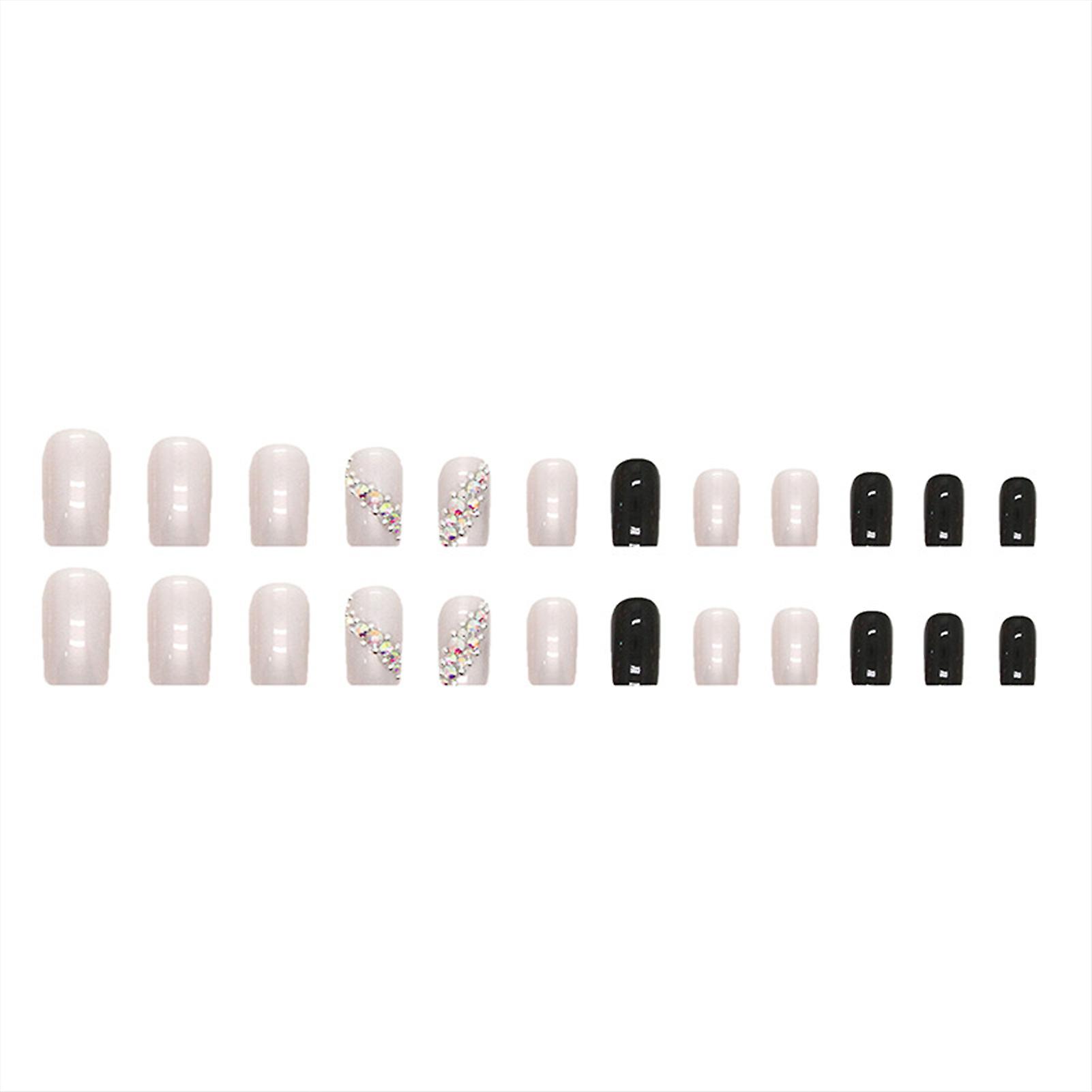 White & Black Square False Nails Full Cover Natural Medium Length Nails