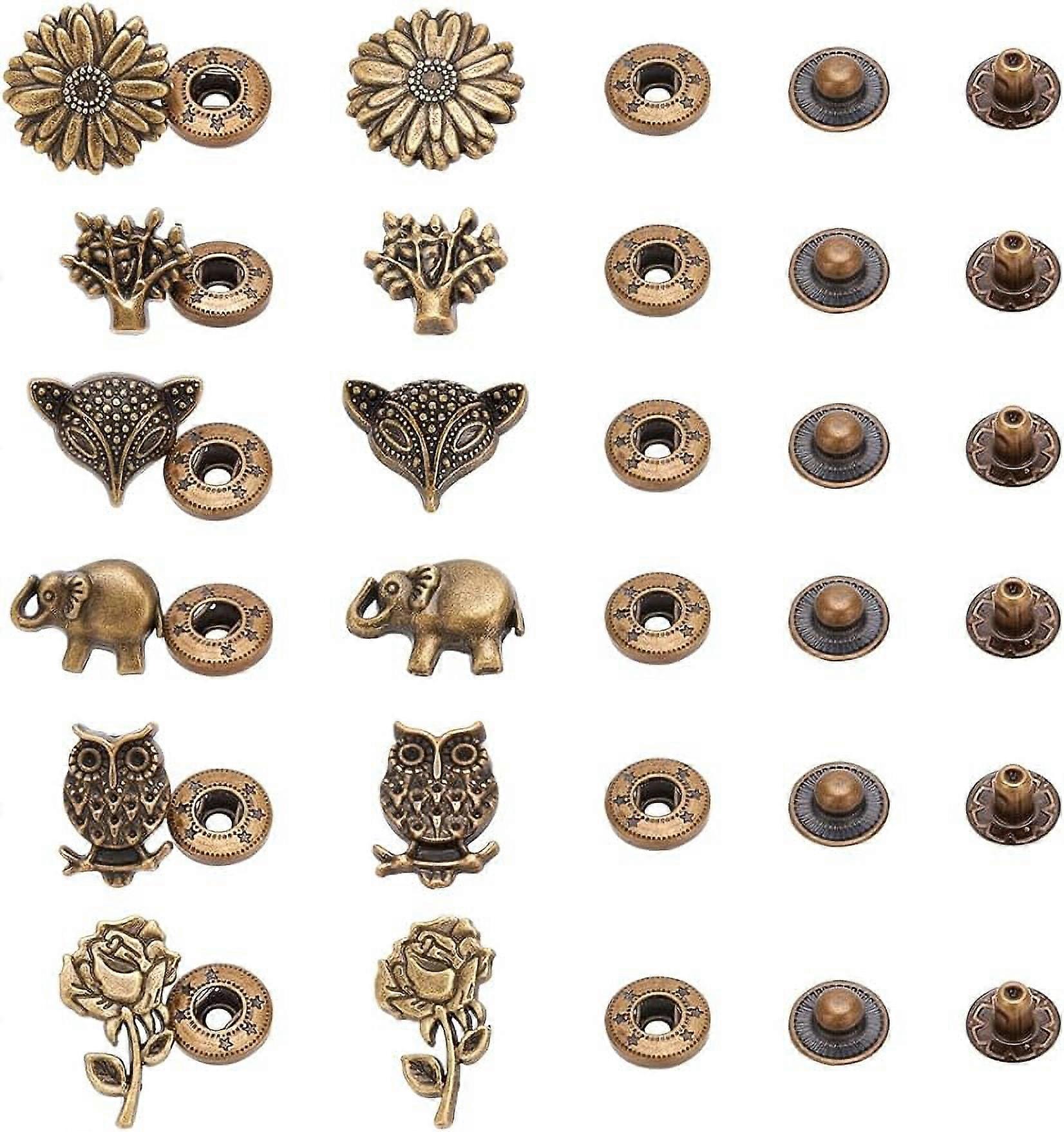30 Sets 6 Styles Brass Snap Button No-Sew Removable Metal Jeans Button Replacement Repair Buttons Vintage Press Snap Button Fasteners for Jeans Clothi