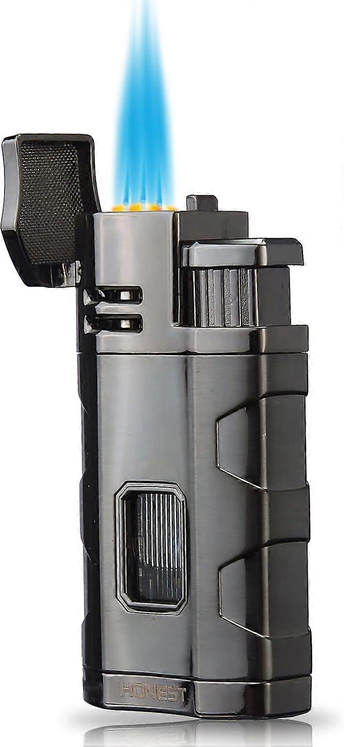 Briquet torche Briquet Triple Jet Flame Rechargeable Briquet coupe-vent avec support de repose-poinçon - Butane non inclus (Or)