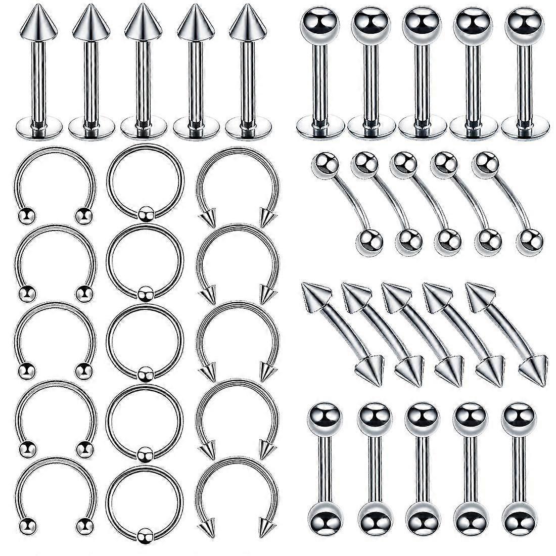 منتجات جديدة في عام 2025 ، 40 قطعة طقم ثقب مجوهرات من الفولاذ المقاوم للصدأ الأنف الشفاه اللسان الحاجب حلقات ثقب