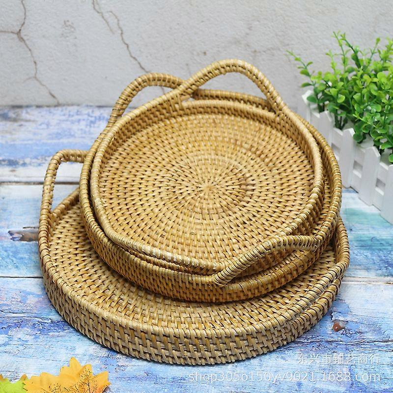 Rattan Round Basket with Handles Vintage Style Storage Organizer Basket for Fruits Vegetables Bread