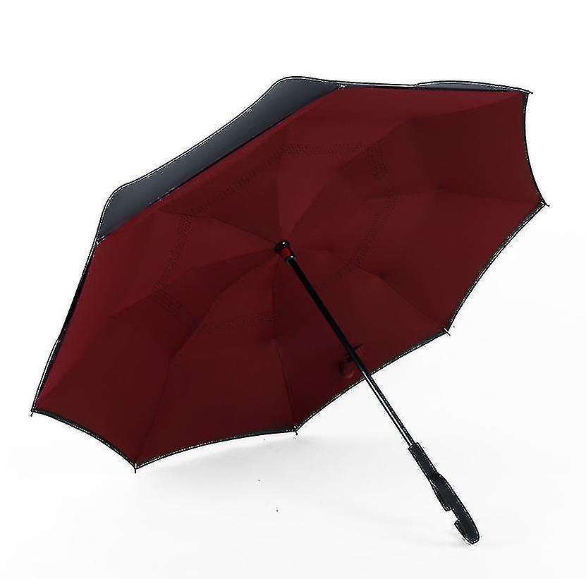 C- Parasol Folding Rain Windproof Umbrella Double Layers Inverted Reverse--burgundy