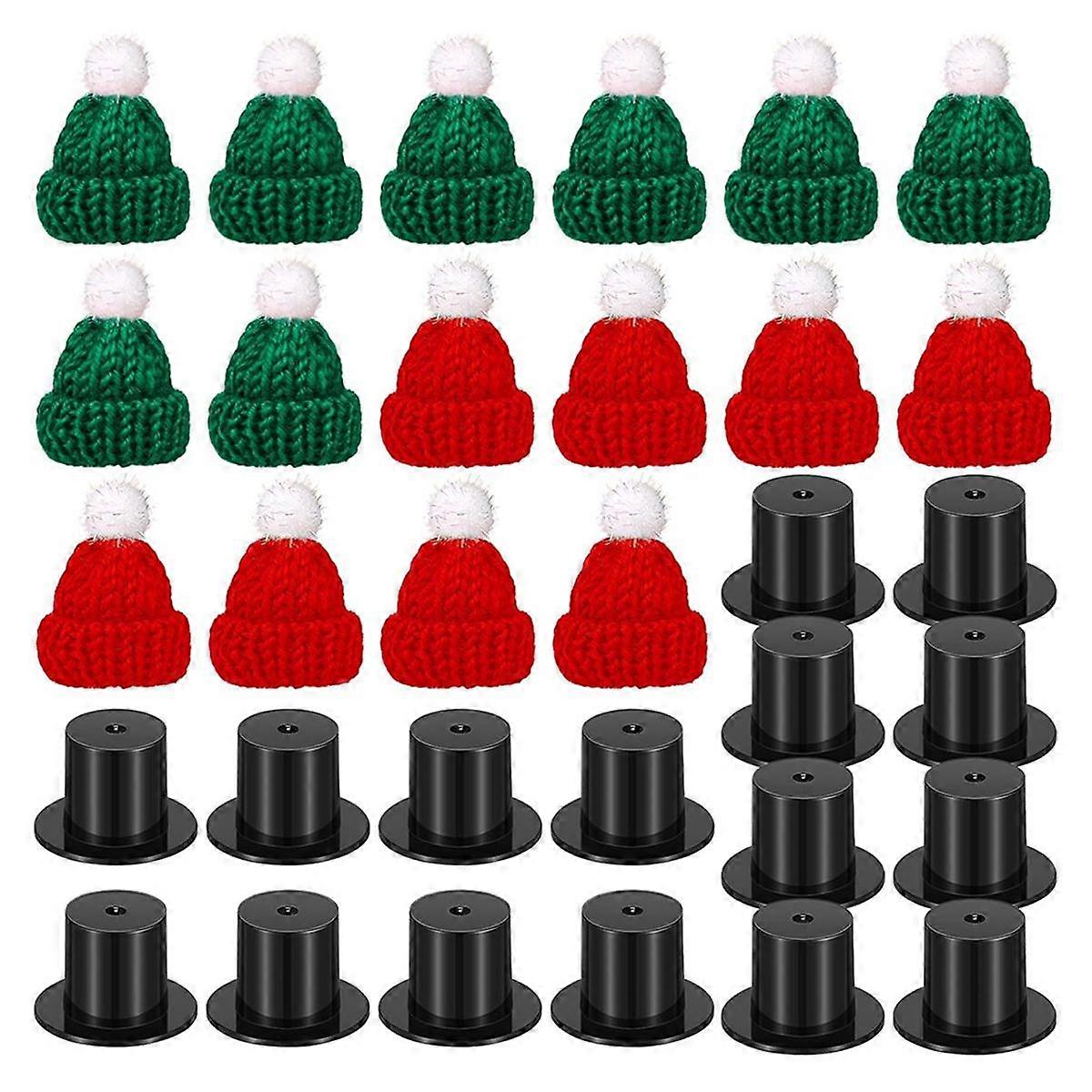 32PCS Doll Mini Hats Include 16 Mini Knitting Santa Hats and 16 Black Plastic Christmas Hat Miniatu