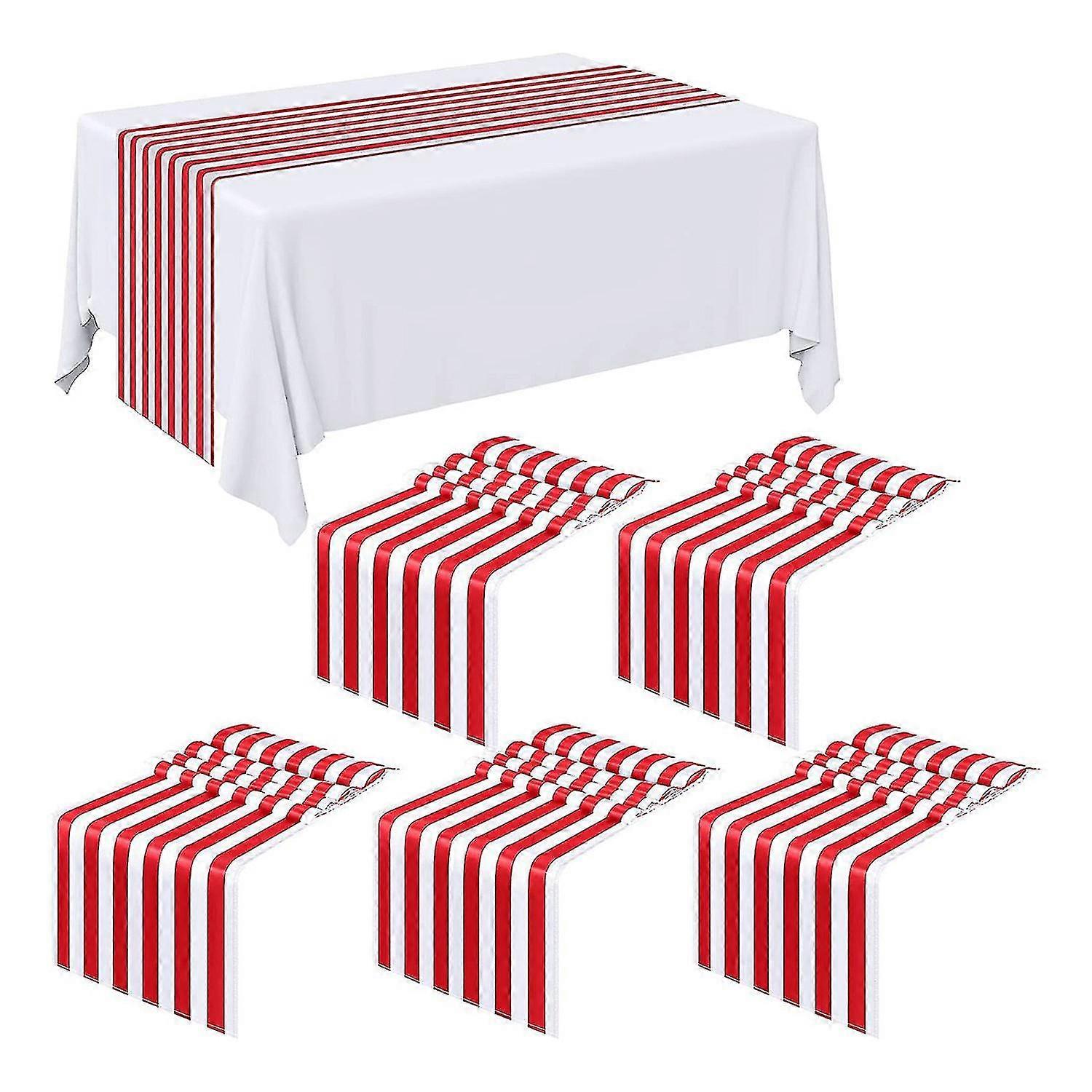 6 Pieces Striped Table Runner Wedding Polyester Table Decor Red White Striped Design Tablecloth Dec
