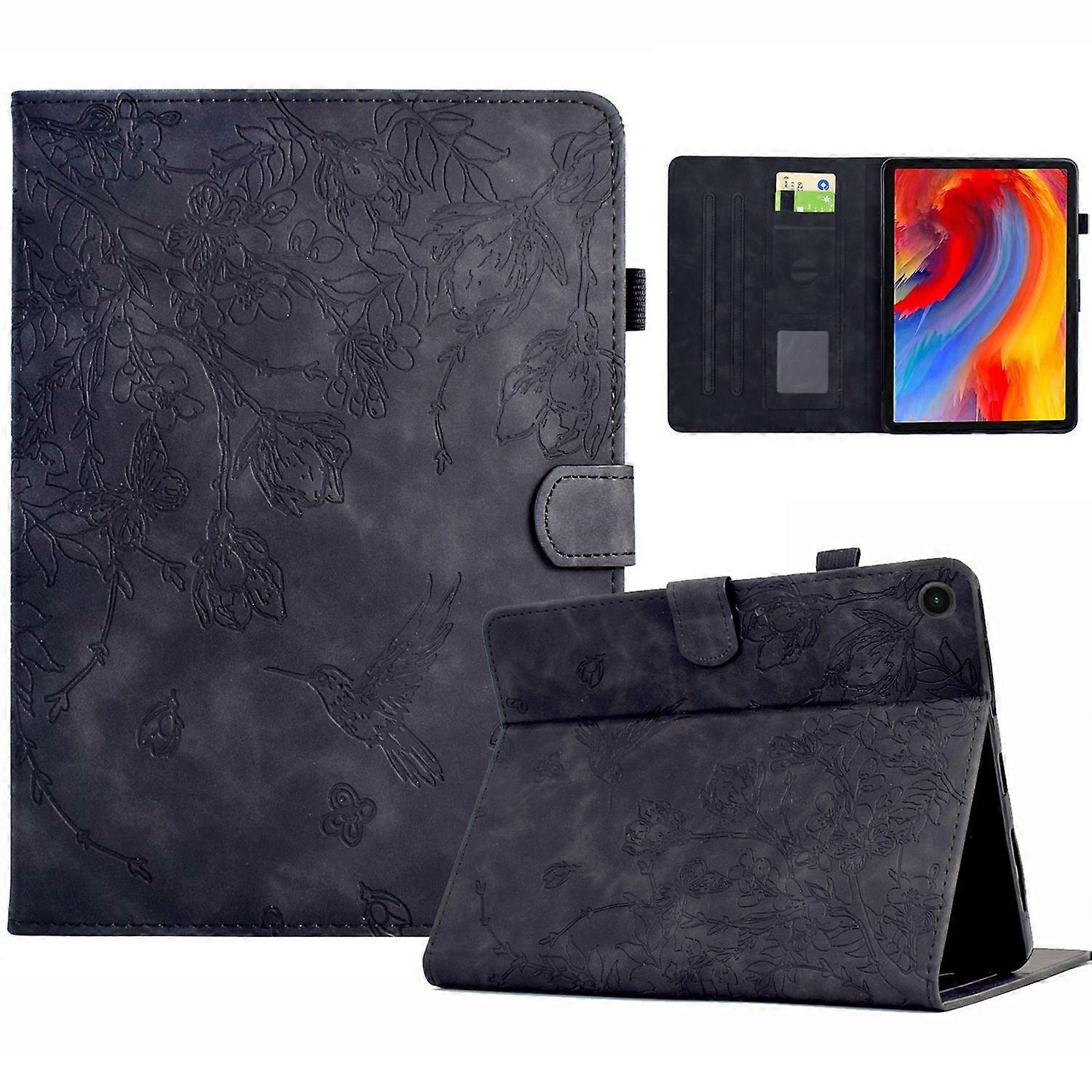 For Samsung Galaxy Tab A9+ Case Flower Bird Imprinted Card Holder Leather Tablet Cover - Black