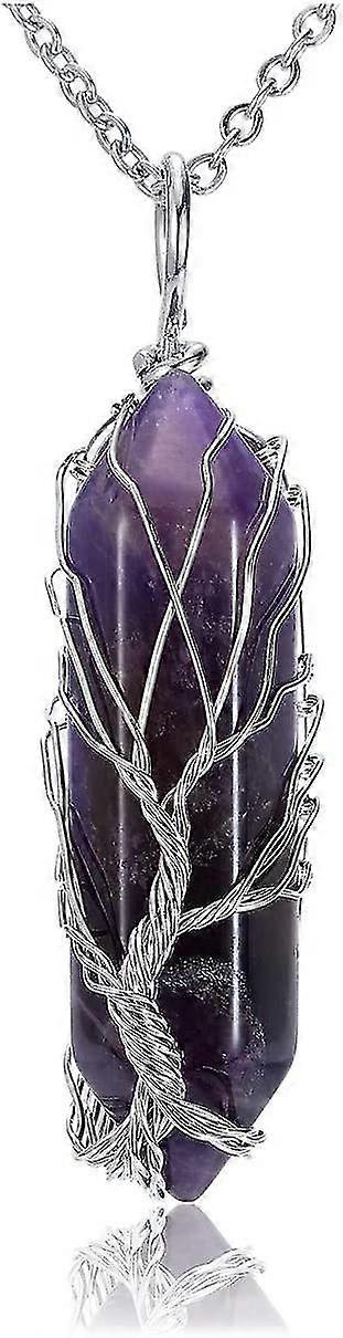 Ametista Curando Colar de Pedra de Cristal Árvore de Prata Da Vida Fio Embrulhado Cristal Hexagonal Natural Pontos Colar pendente para mulheres valentines presente F
