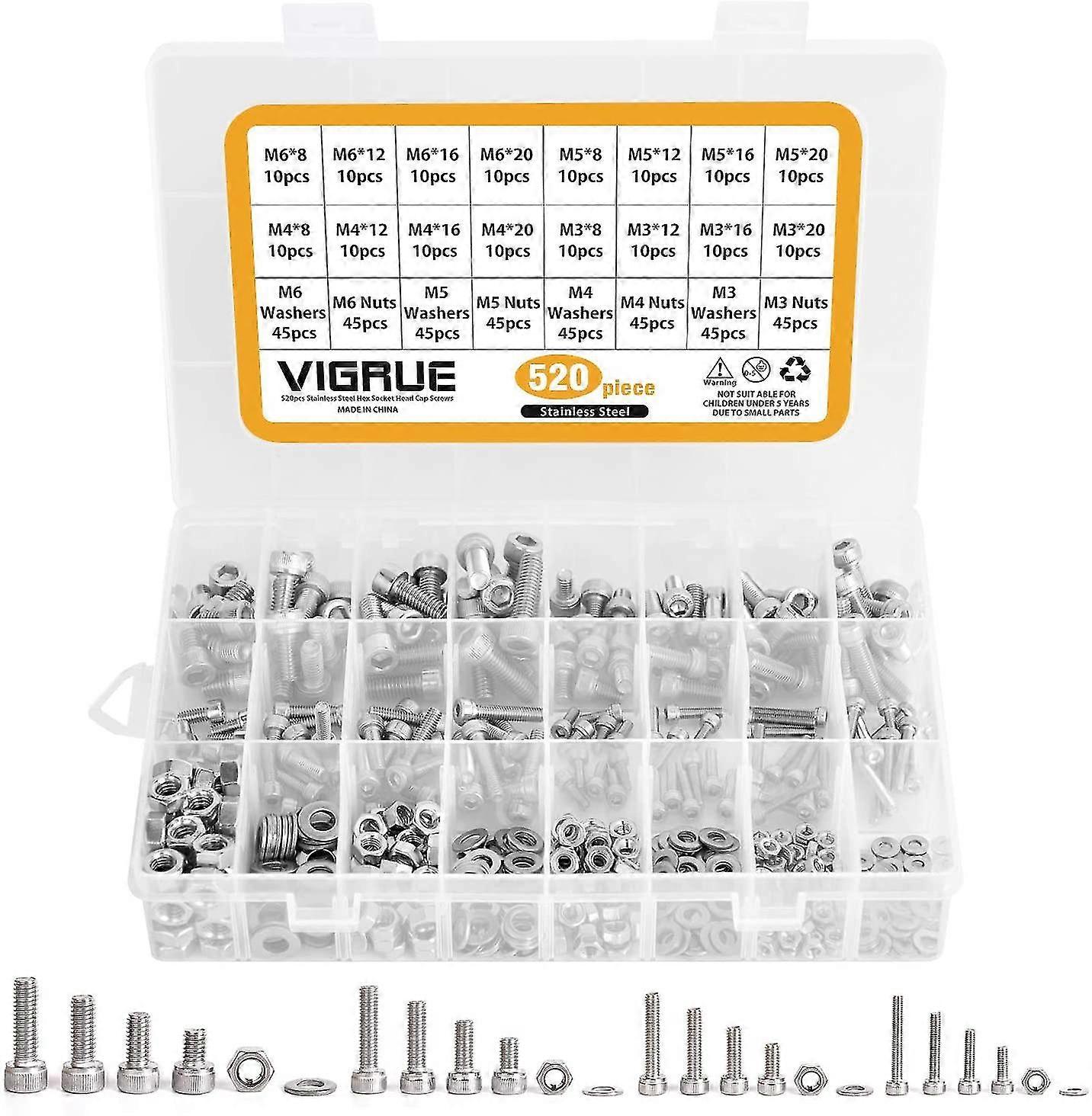 Kit 520pcs M3 M4 M5 M6 Stainless Steel Hexagon Hex Button Socket Head Cable Bolts Screws With Nuts Assortment