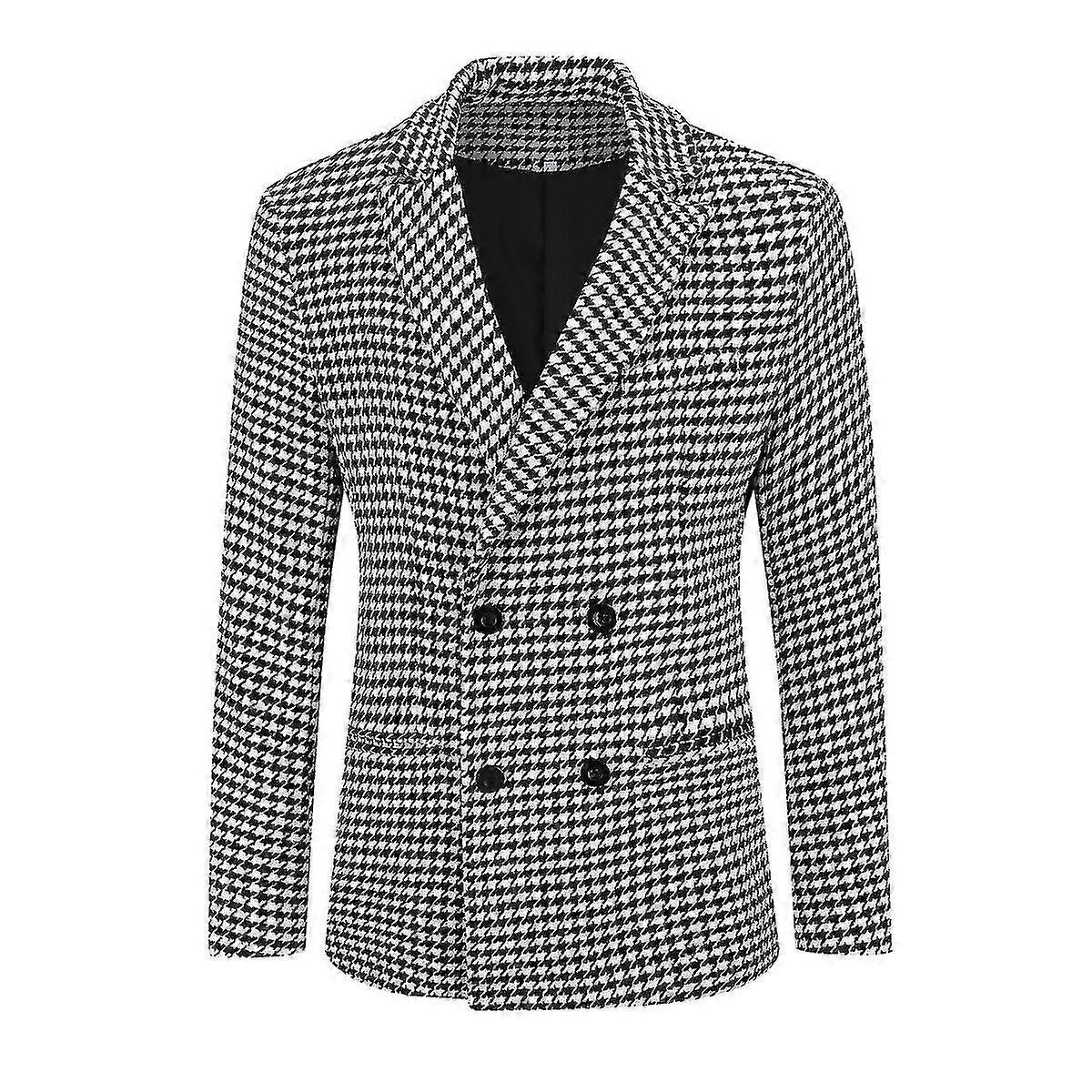 Mænd sort og hvid plaid dobbeltbrystet 4 knap slank pasform afslappet jakkesæt