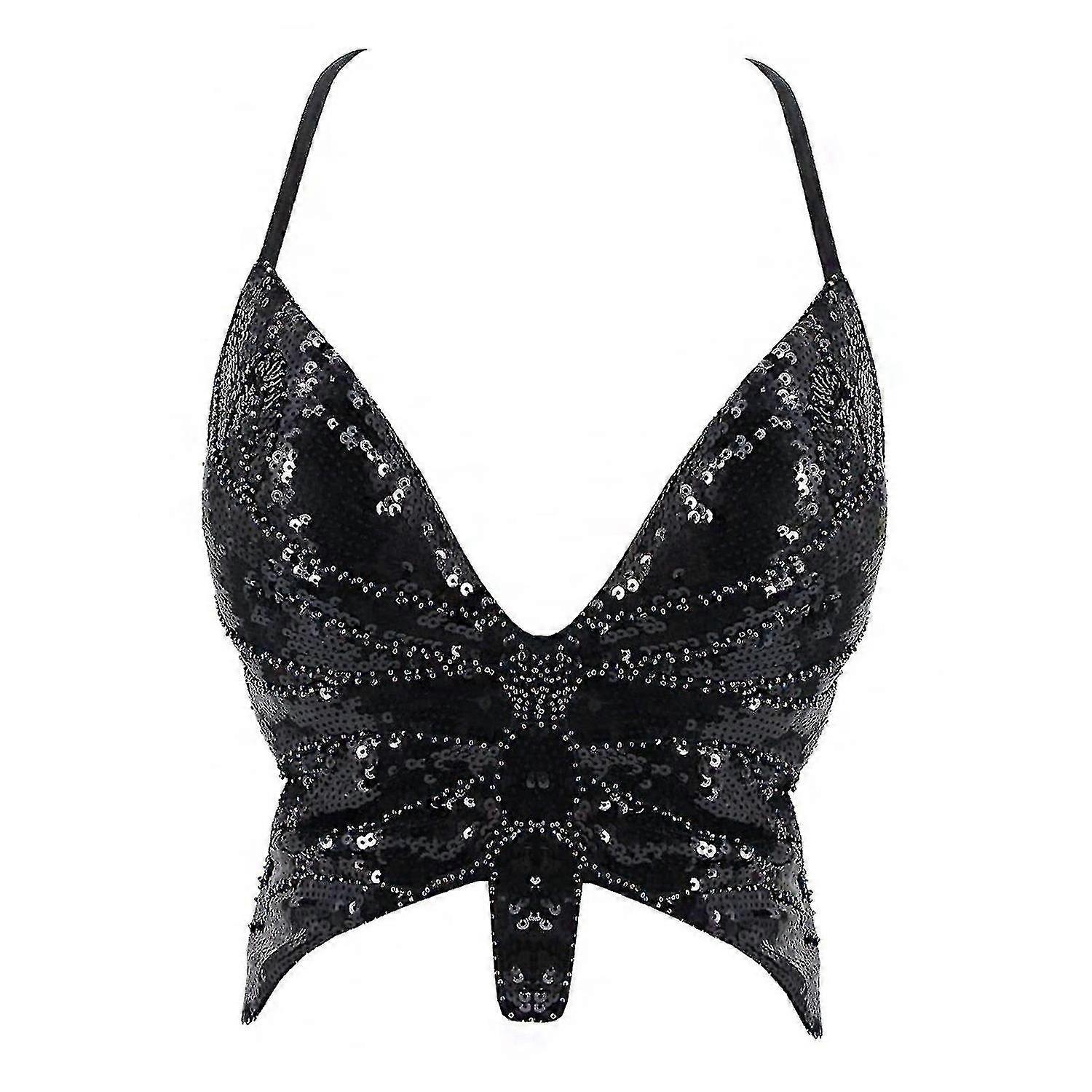 فراشة الترتر المحاصيل أعلى النساء الصيف عارية الذراعين الخامس الرقبة مثير نادي زي ملابس مهرجان الملابس