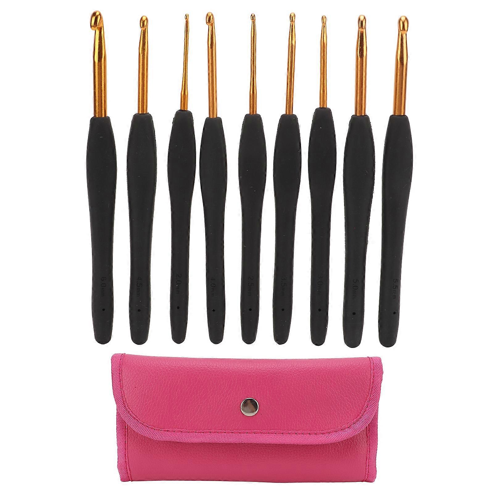 9Pcs Crochet Hooks Black Handle Design Easy Identification Portable Knitting Needles with Crochet Bag