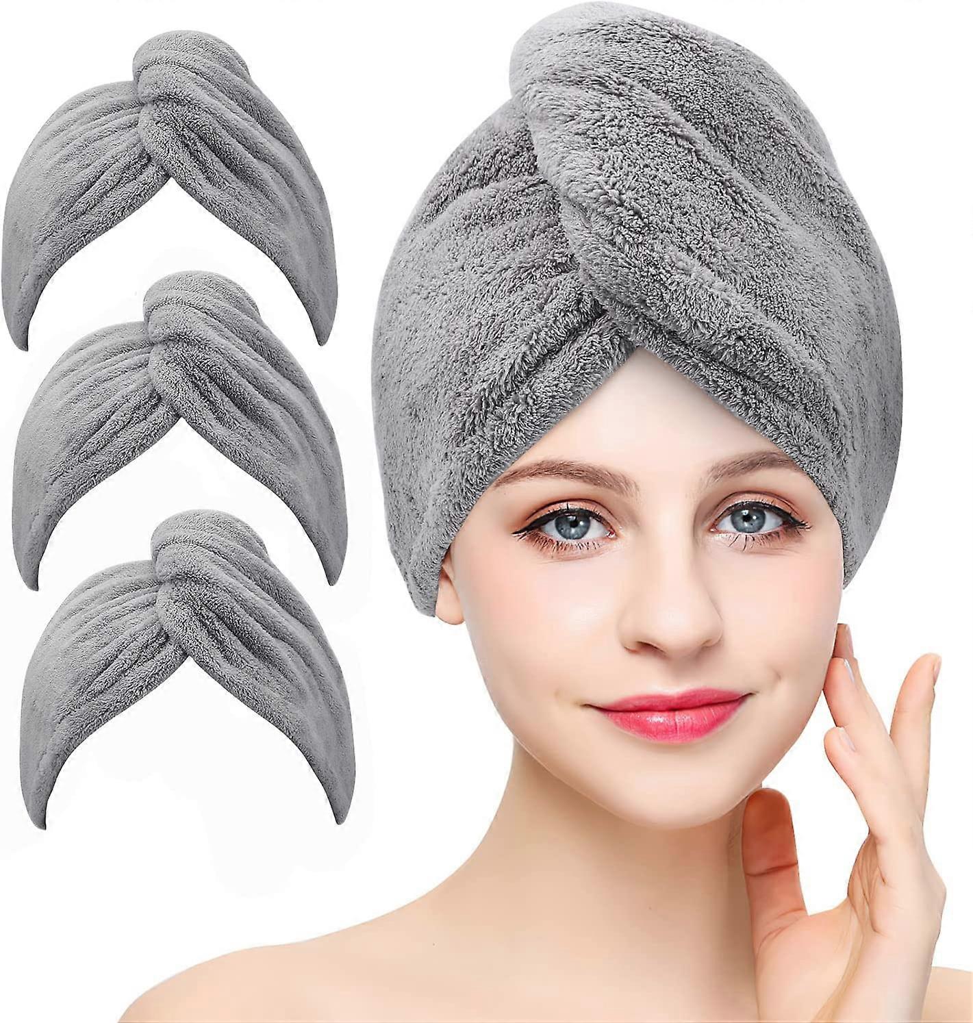 3 Pack Super Absorbent Microfiber Hair Drying Towels with Buttons and Bath Loop - Gray