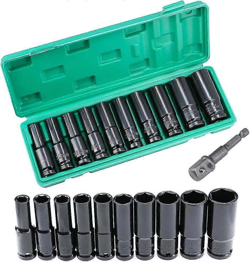 10 Pcs Deep Impact Socket Set, 10-24 Mm Hex Long Socket Set With Plastic Storage Box, 1/2 Inch Impact Wrench Socket Set