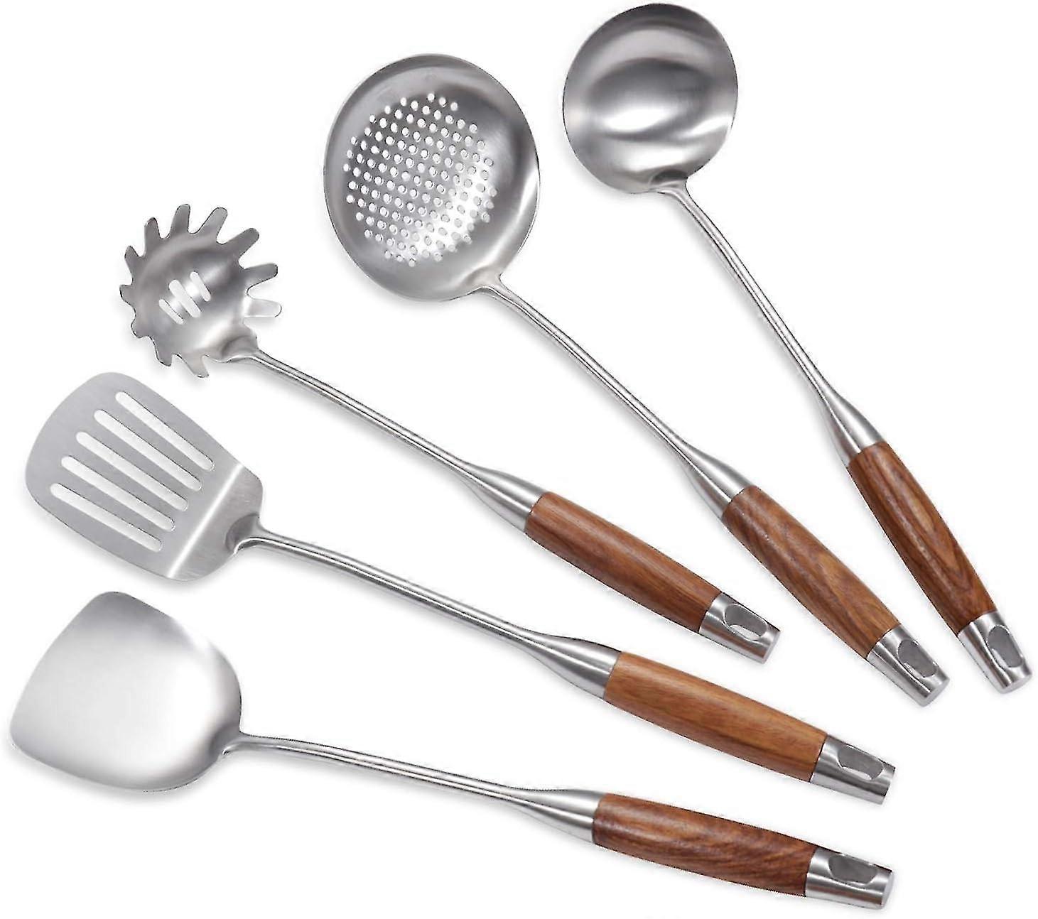 Stainless Steel Kitchen Utensils Set - 5-piece Set With Spatula, Skimmer, Pasta Fork, Wok Spatula, And Ladle, Wooden Handle, Dishwasher Safe YGWL