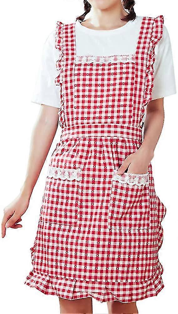 Schürze Küche Backschürzen Vintage Damen Schürzen Rotes Gitter Rüschen Schürzen Prinzessin Süße Geburtstagsgeschenk Baumwolle Pinafore Schürzen für Frauen Mädchen mit Tasche
