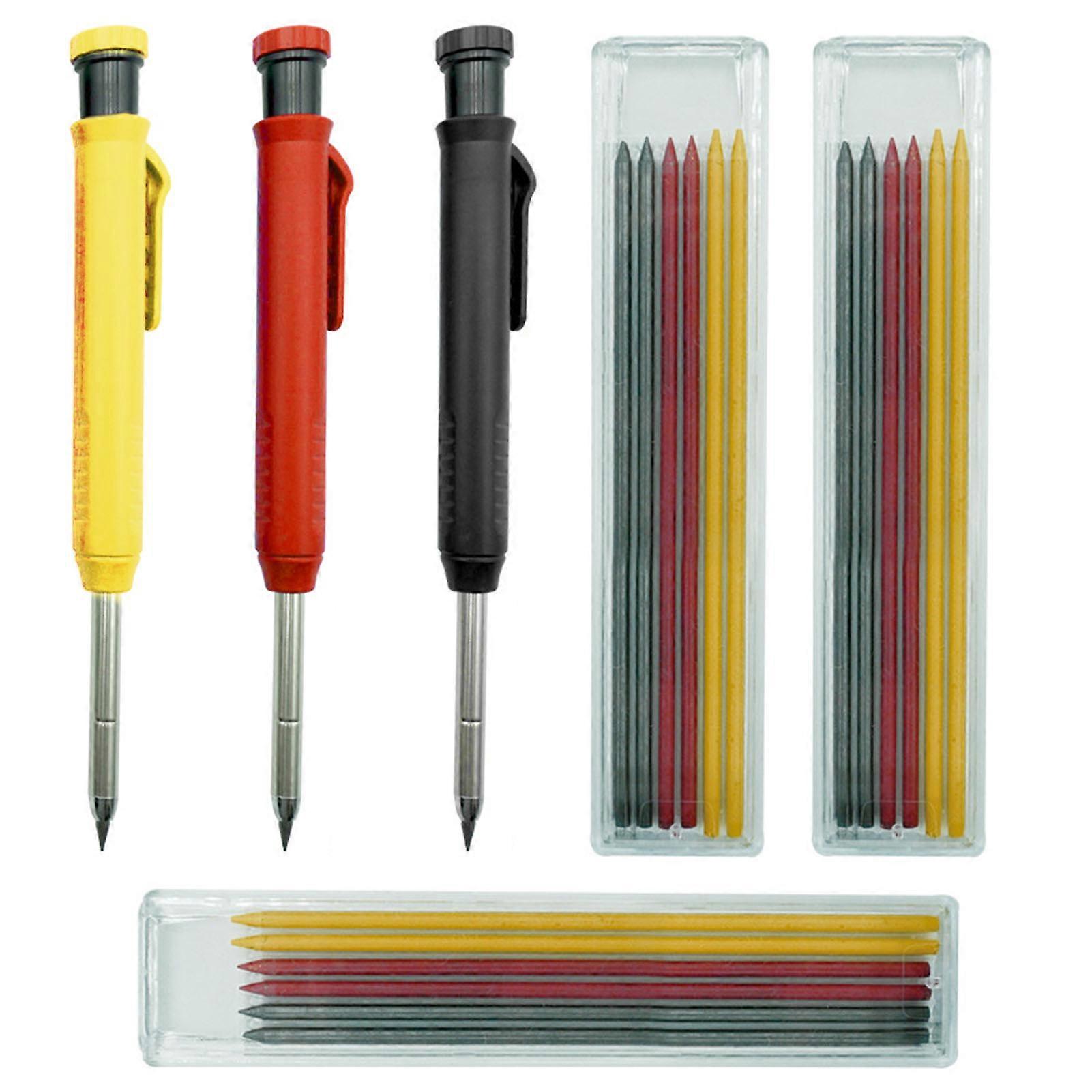 3 Pcs Carpenter Pencils with 18 Refills Mechanical Pencils Quick-drying Construction Pencils with Built-in Sharpener Long Nib Deep Hole Pencil Marker