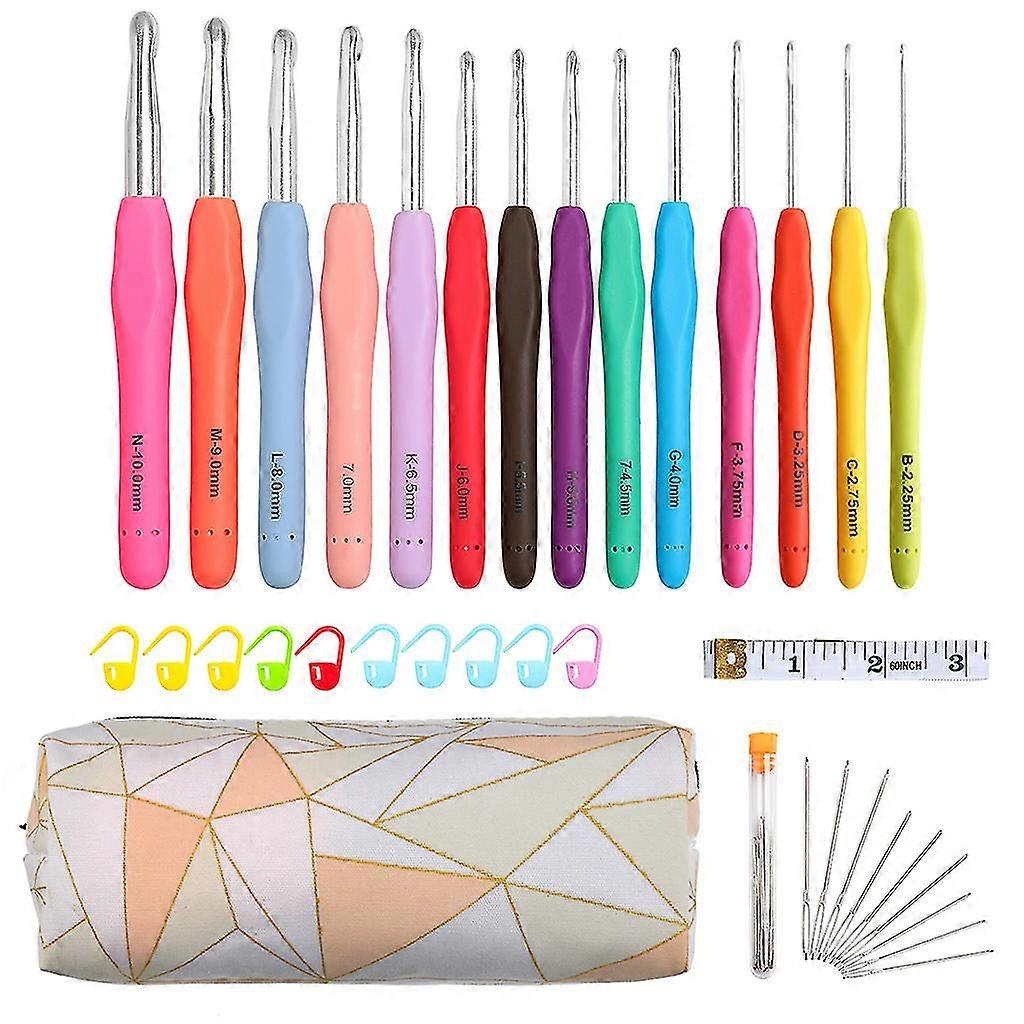 14pcs Crochet Hooks Set Ergonomic Soft Grip Handles Yarn Knitting Needles Kit