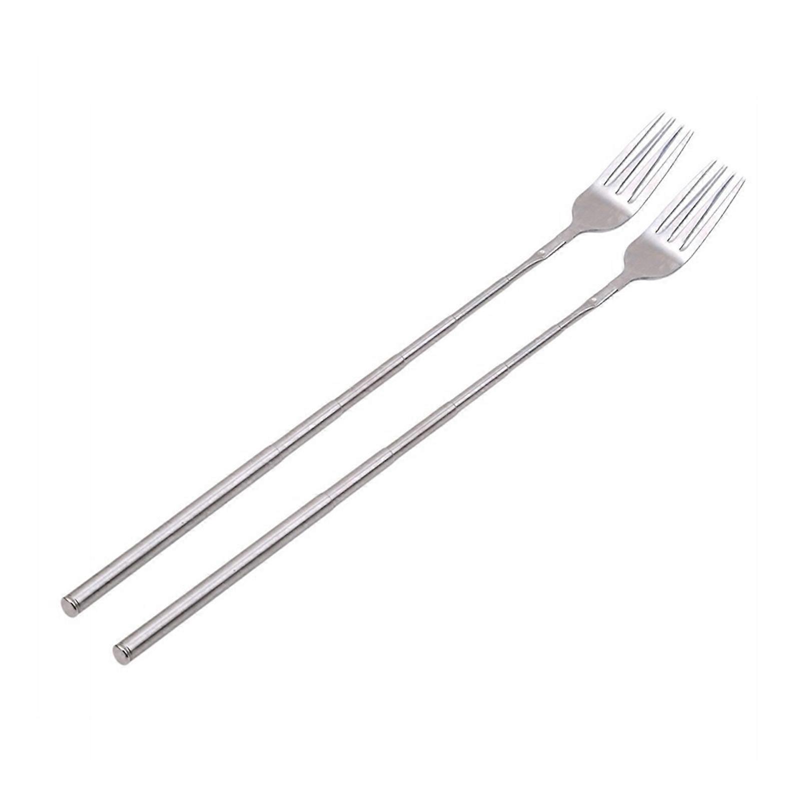 2Pcs Extendable Fork Set Stainless Steel Telescopic Fork Adjustable Extending Fork 8.7 to 25.6 Inch Retractable Long Handle Dinner Fork for BBQ Fruit