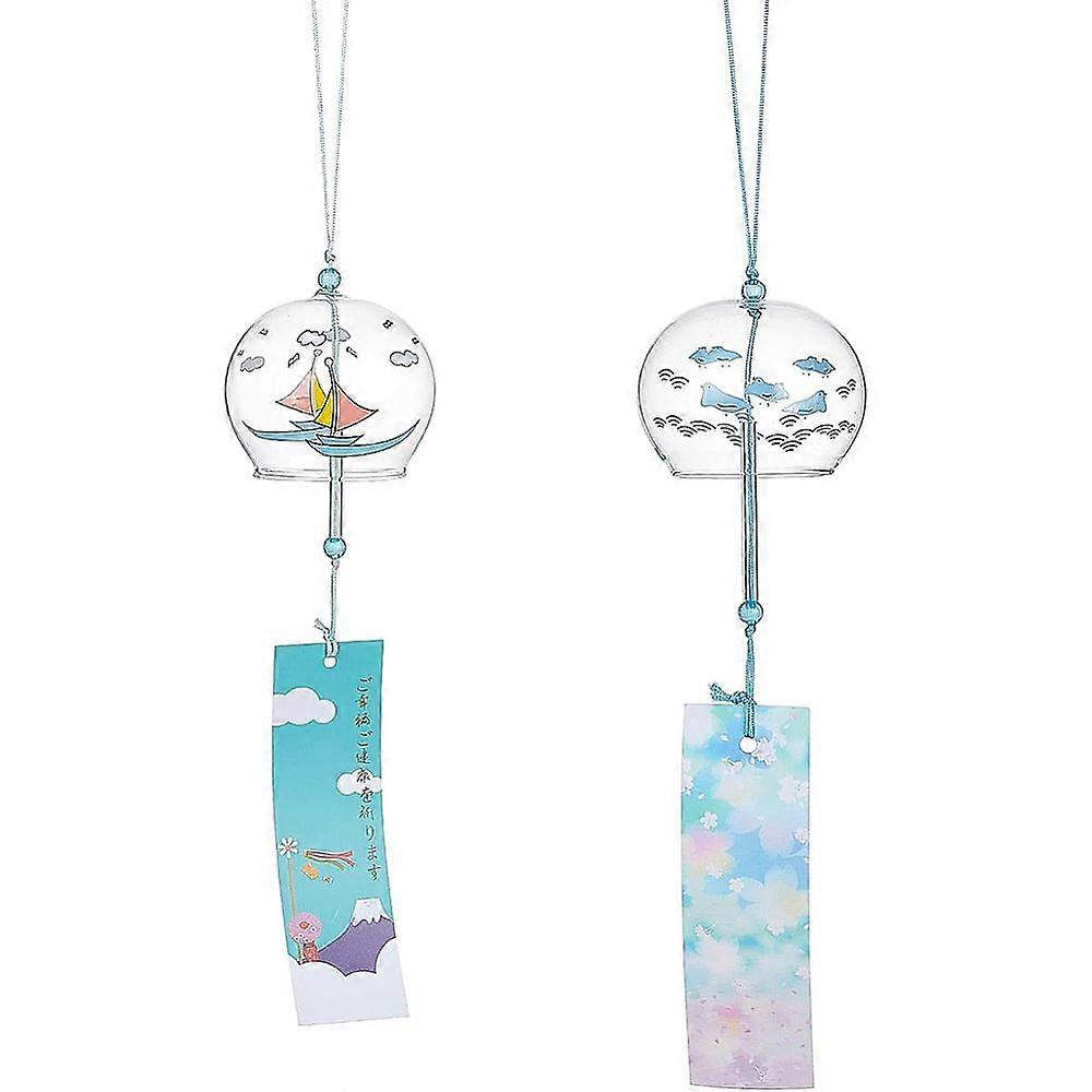 2Pcs 2 Styles Round with Boat & Bird Pattern Glass Wind Chime with Polyester Cord & Paper Blue 425mm 1pc