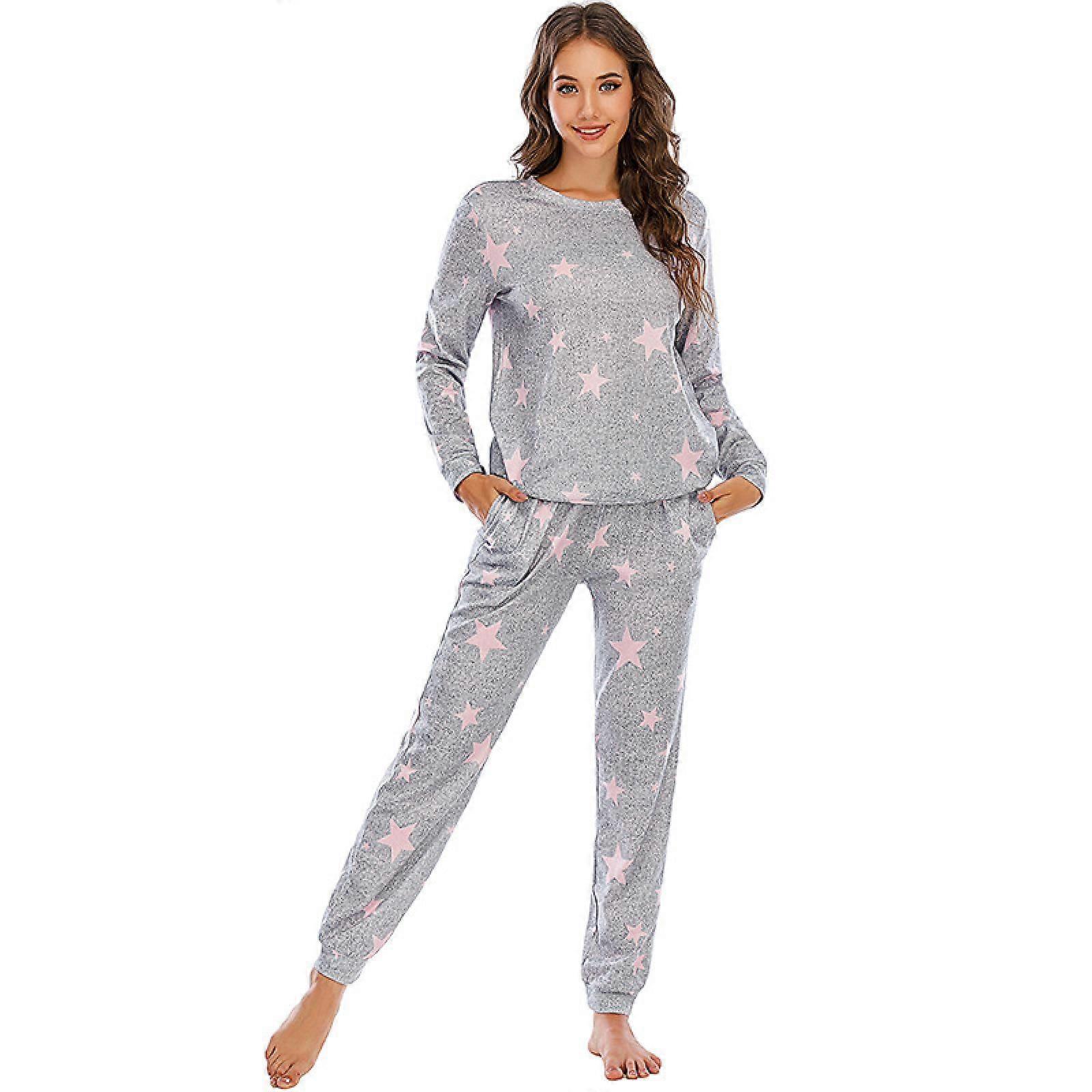 Womens Pajama Set Long Sleeve Sleepwear Star Print Nightwear Soft Lounge Sets with Pockets-MediumPink