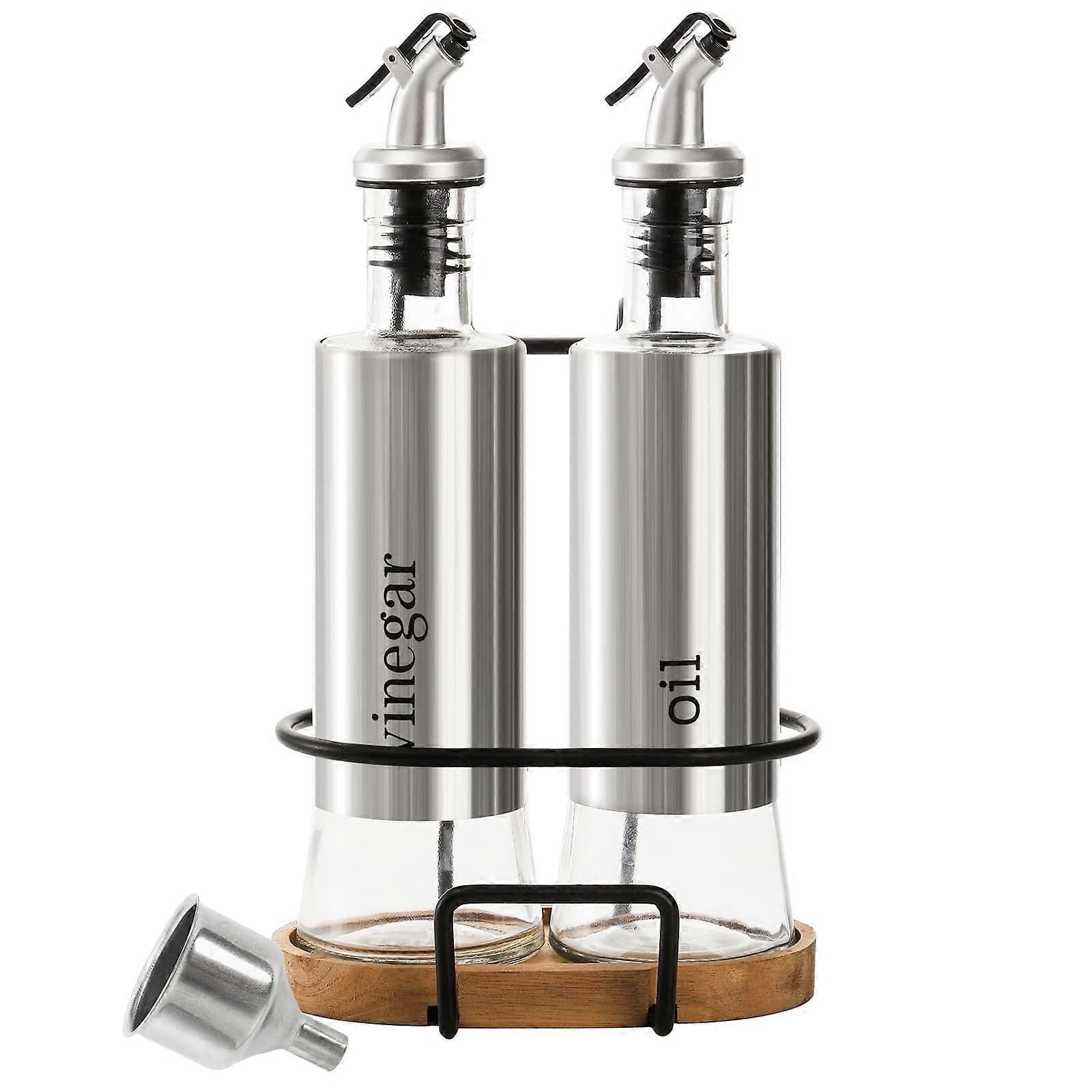 2 Pack Olive Oil and Vinegar Bottles Set with Rack and Base, 10oz Glass Cruets with Pourers and Funnel for Kitchen