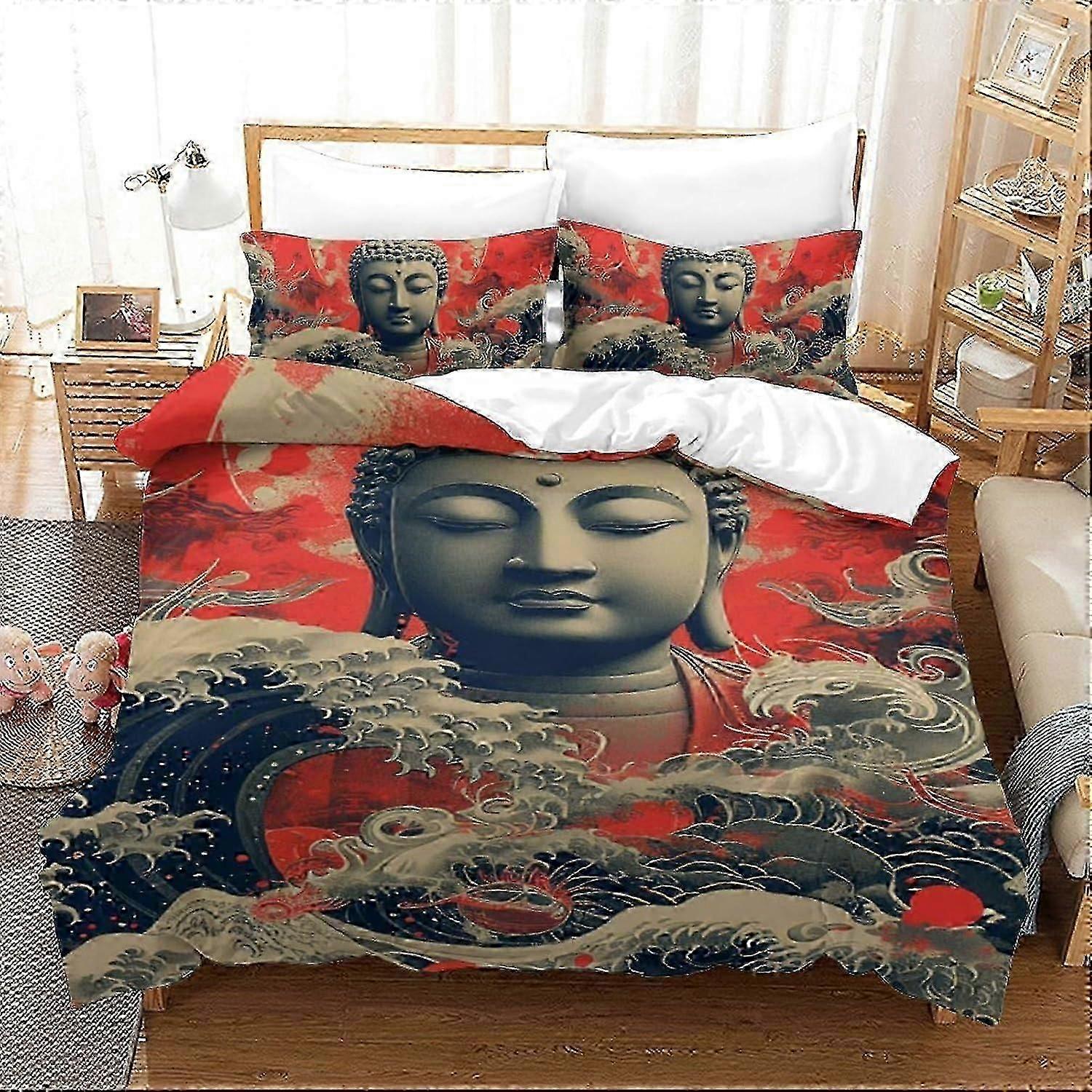 J2106 Lençóis Estátua de Buda Impresso em 3D Conjunto de Capa de Edredom 3 Peças de Roupa de Cama Microfibra Macia com Fecho de ZíperFronhas para Adolescentes e Adultos Cama She
