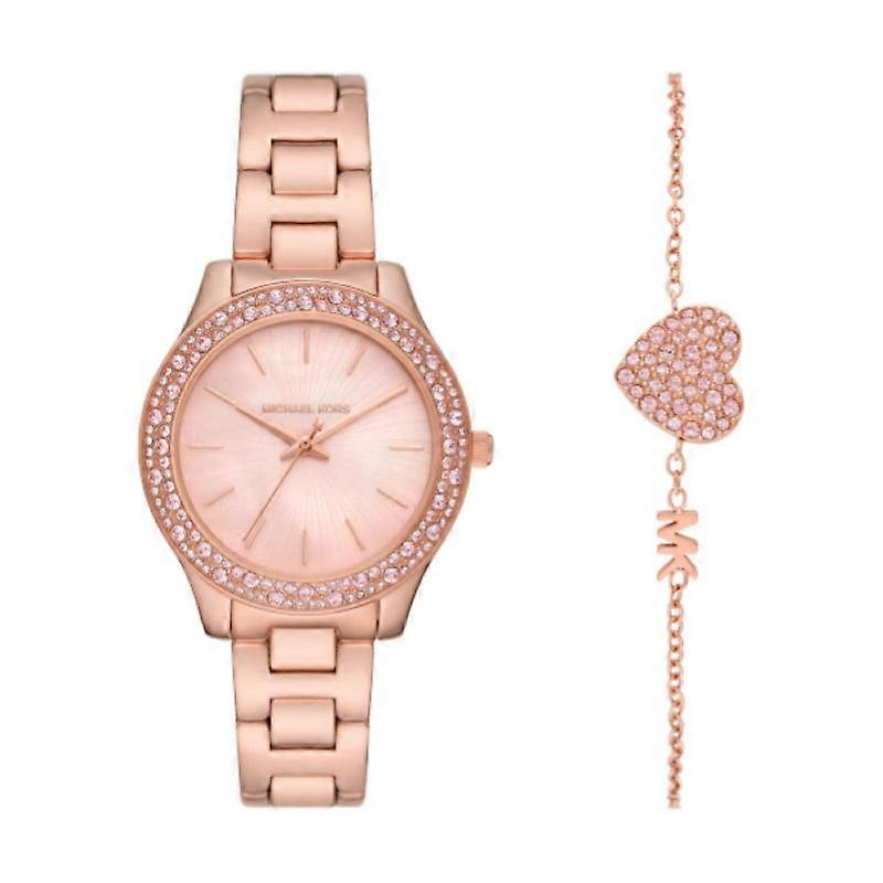Michael Kors Mk1068set Women's Rose Gold-tone Watch And Bracelet Gift Set - Pavé Crystal Accents