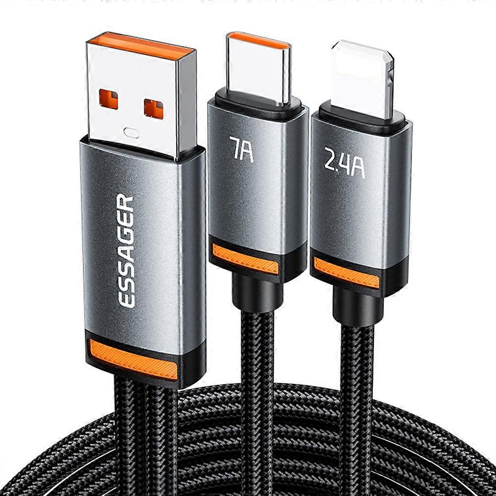 ESSAGER 1m USB-A to iP + Type-C Fast Charging Cable 100W PD Sync Data Transfer Cable - Grey