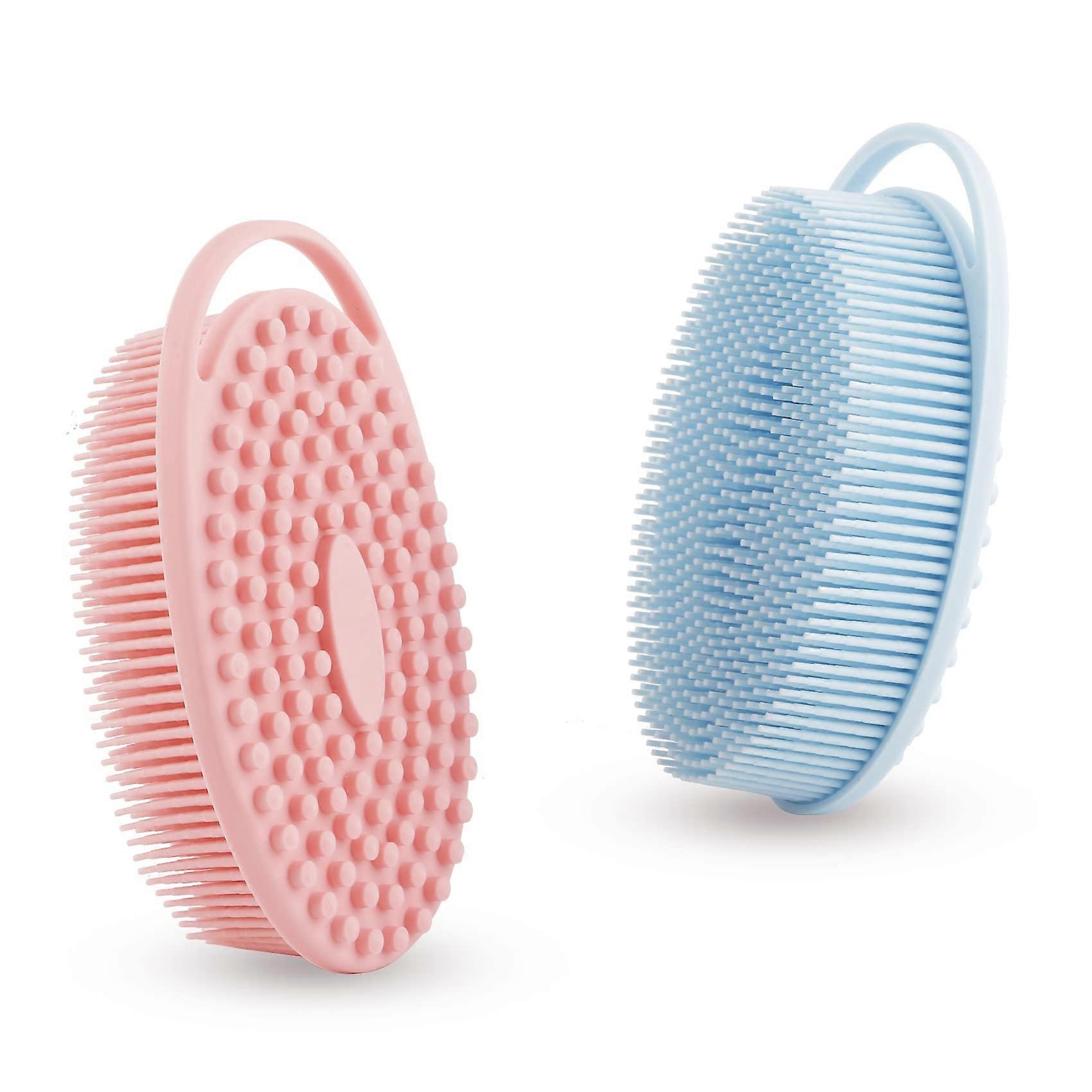 Soft Silicone Body Scrubber 2 PCS Set, Exfoliating Shower Brush for Sensitive Skin, 2 in 1 Bath and Shampoo Brush, Pink and Blue