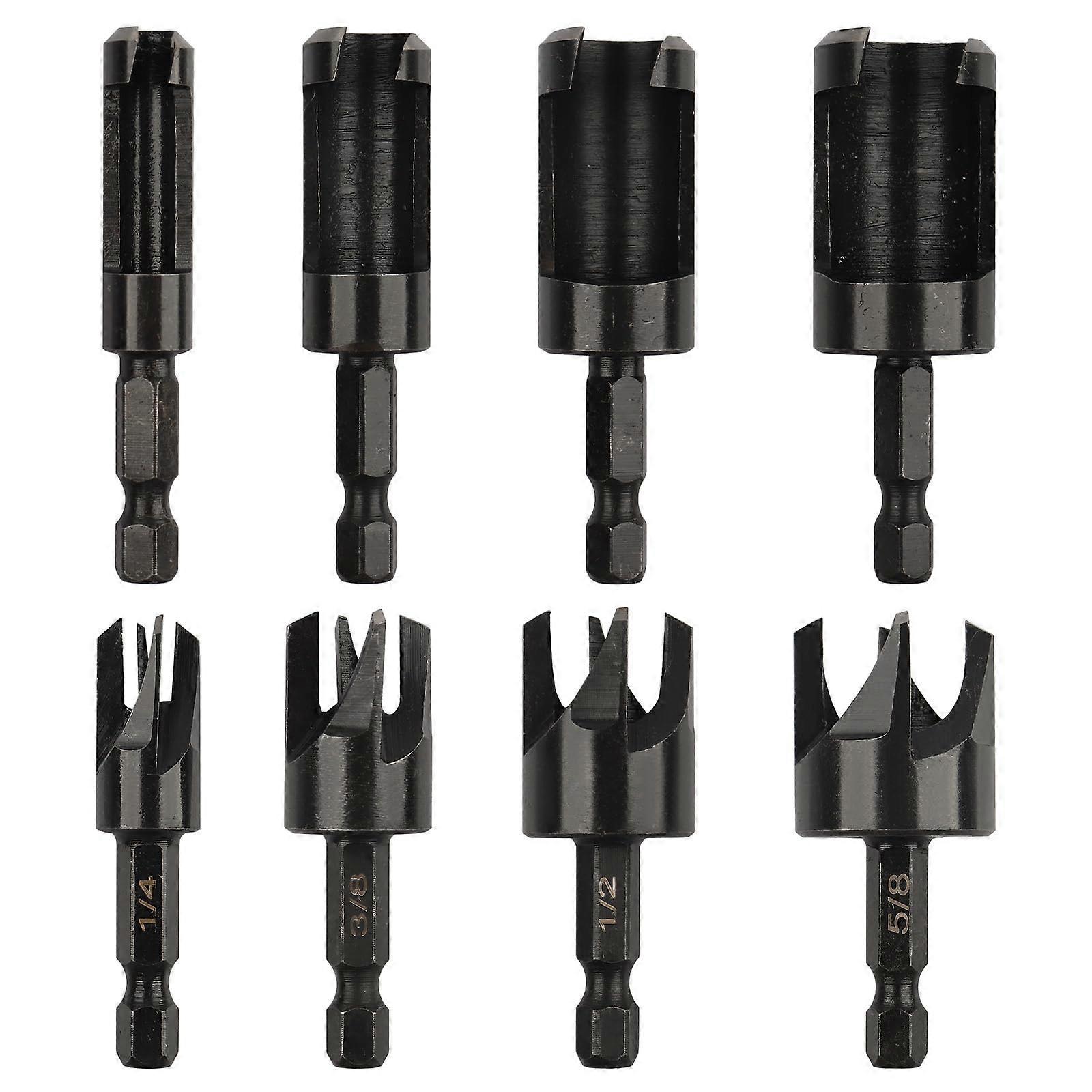 Wood Plug Cutter Drill Bit Set, 8 Pack, Straight And Tapered, 1/4 To 1/2 In, 5/16 In, 3/8 In, 1/4 In Hex Shank, Black