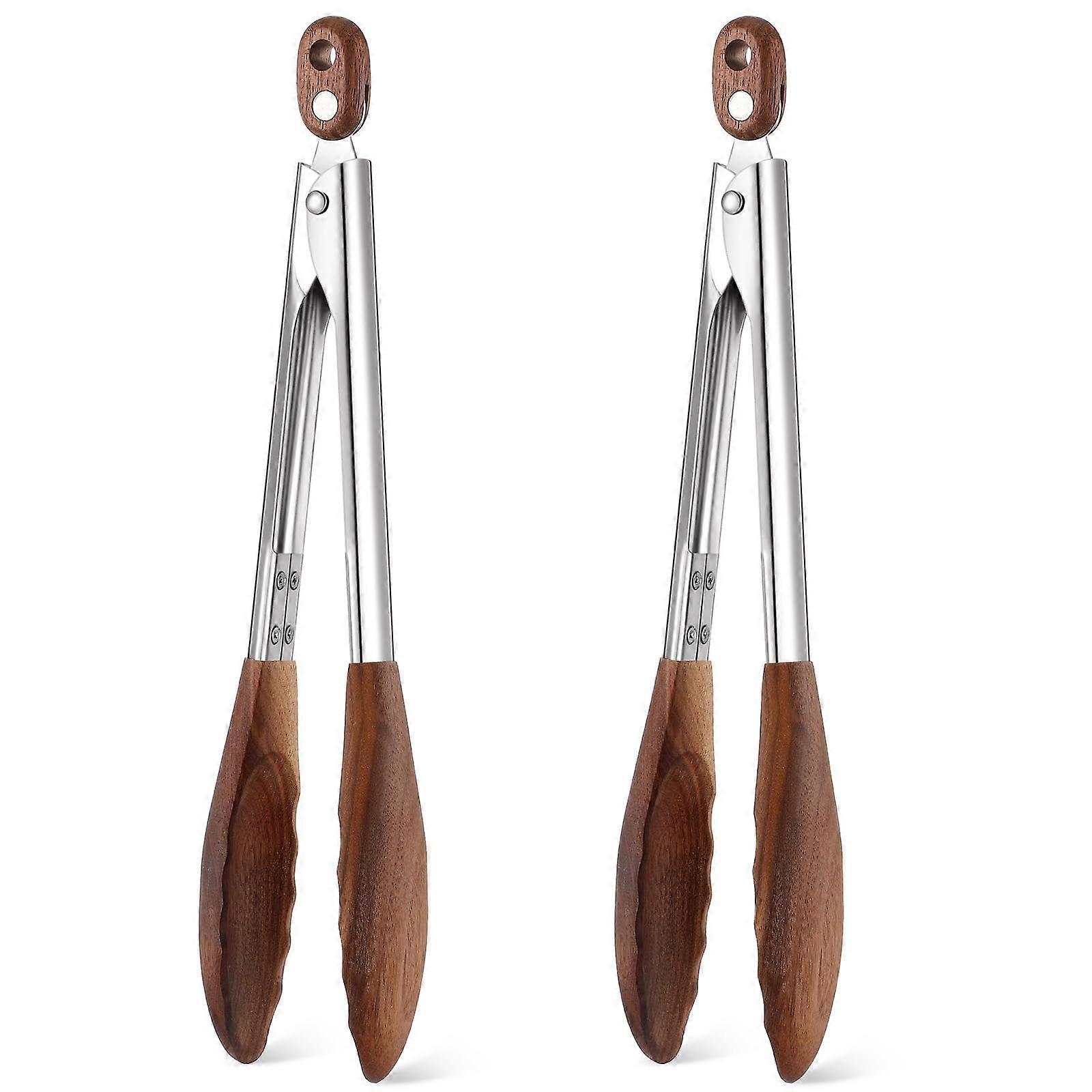 Walnut Wooden Kitchen Tongs Two Piece Set With Wood Tips For Serving Salad Grilling And Cooking