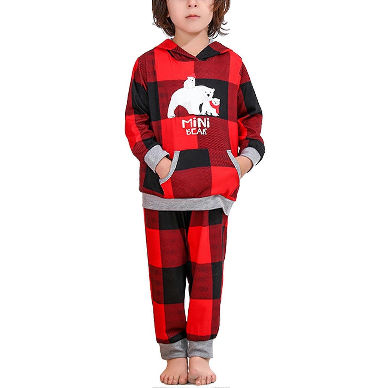 Jul Familj Pyjamas Set Plädtryck Elastisk midja Lång ärmad Huva Topp Lösa Byxor Sovkläder Kit
