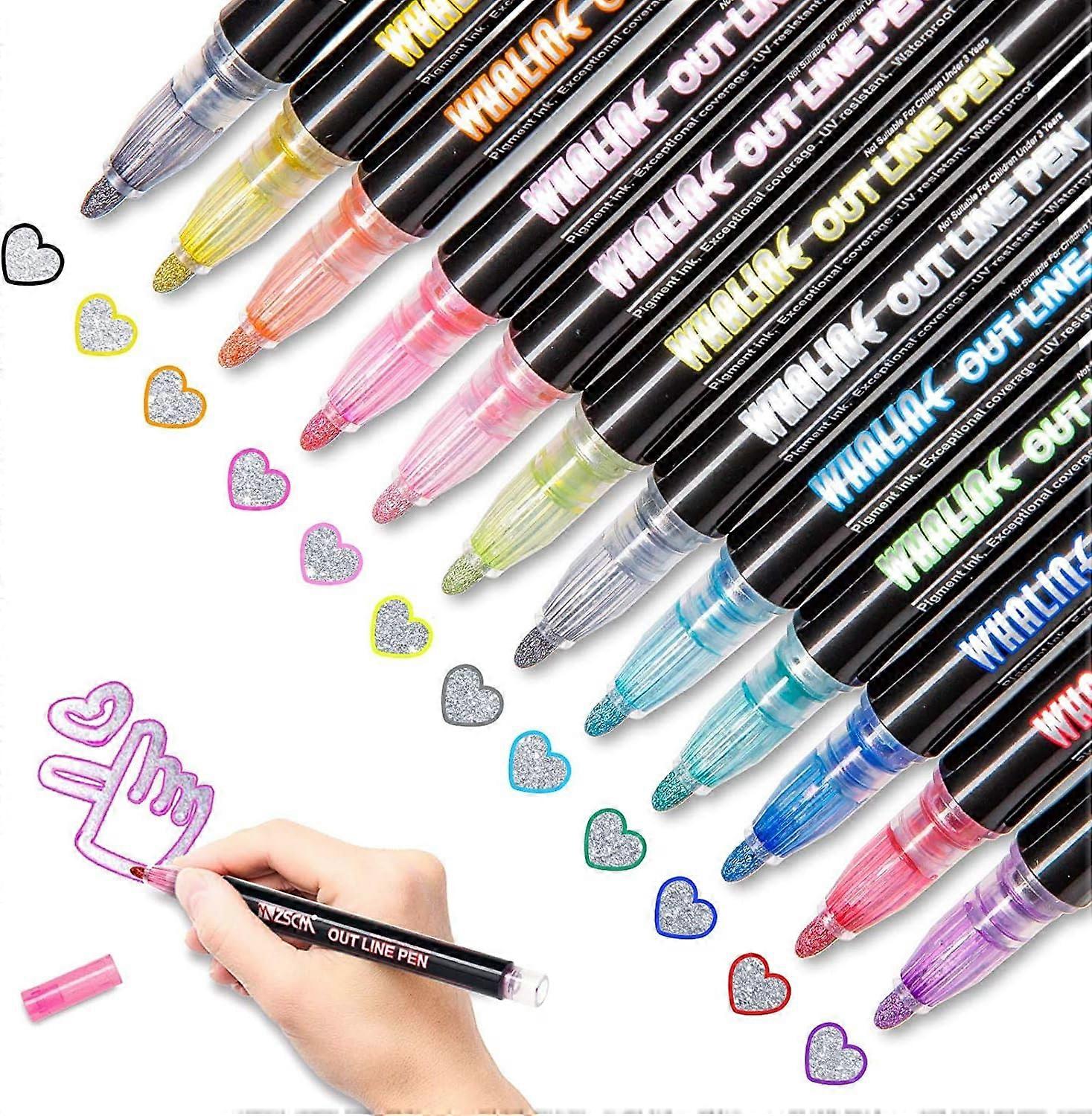Double Line Outline Pens 12-Count Metallic Pens For Signs Ultra Sharp Tips