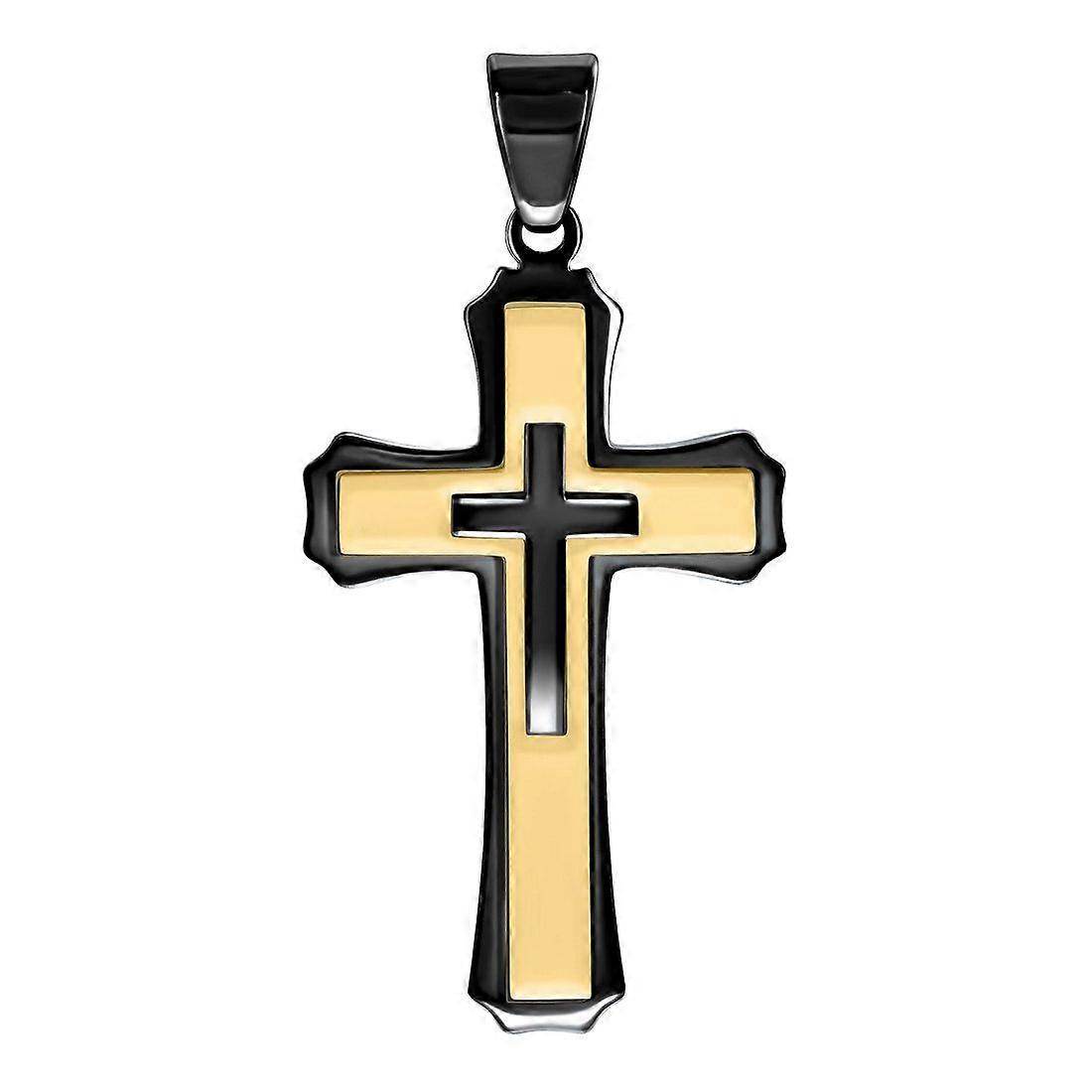 Stainless Steel Yellow Black tone Mens Cross Religious Charm Pendant Necklace for Men