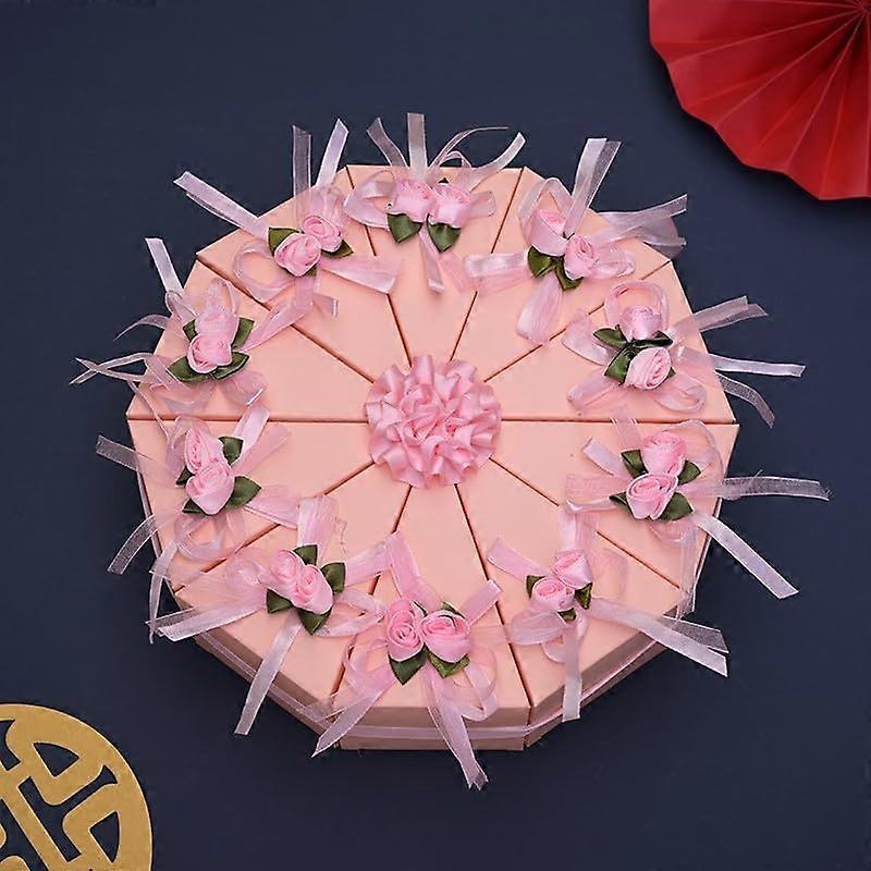 30 Pcs Party Favor Triangle Boxes with Flower and Ribbon Wedding Candy Paper Gift Boxes (Pink)