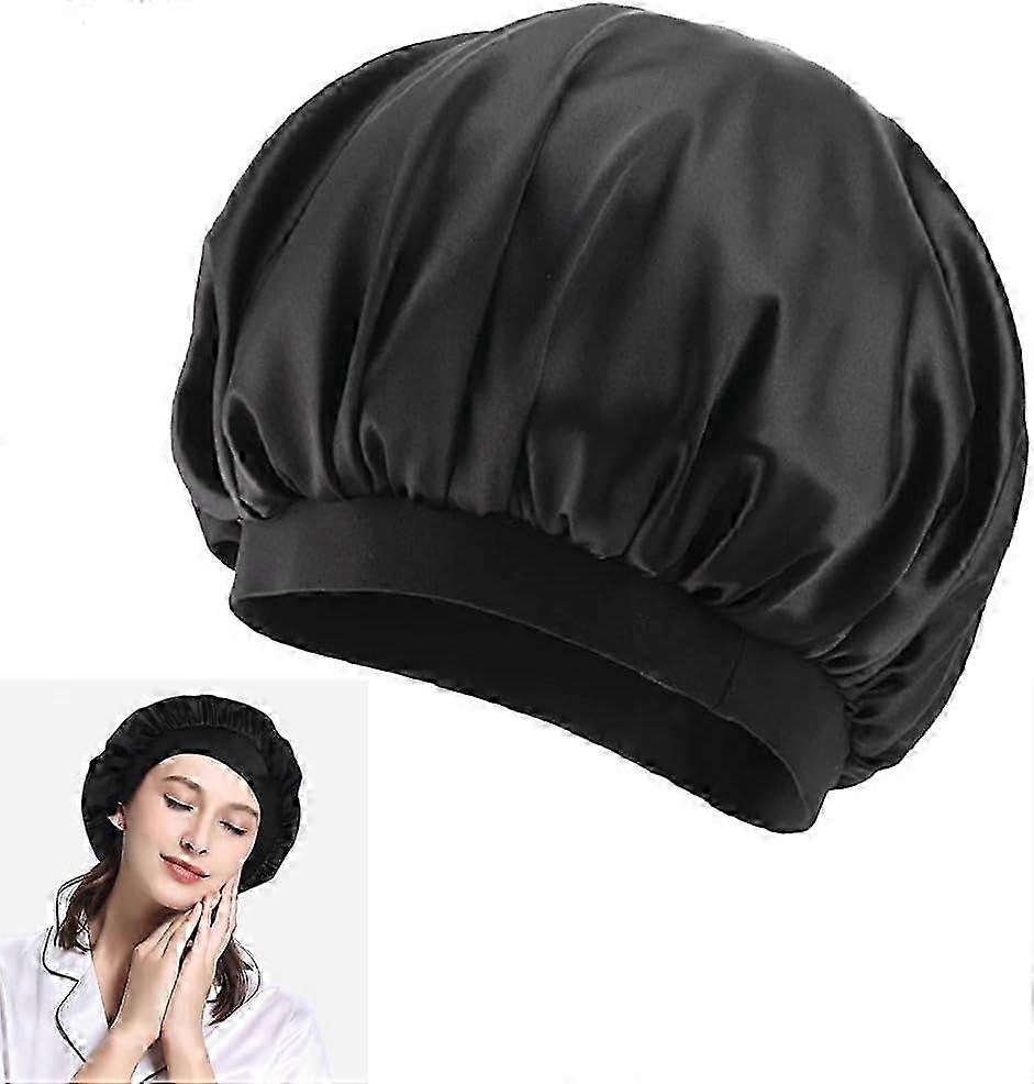 Women's Adjustable Satin Sleep Cap - Black Elastic Night Hat