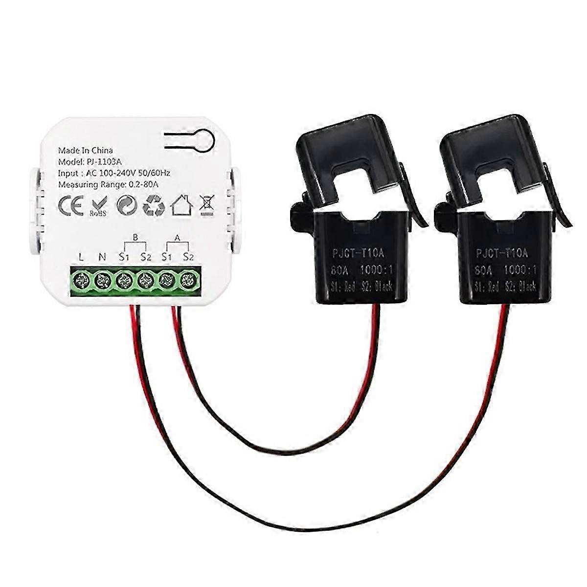 Tuya Smart WiFi Energy Meter Bidirection with Current former App Monitor Power 80A Support Alarm 2 Channels - 2CT
