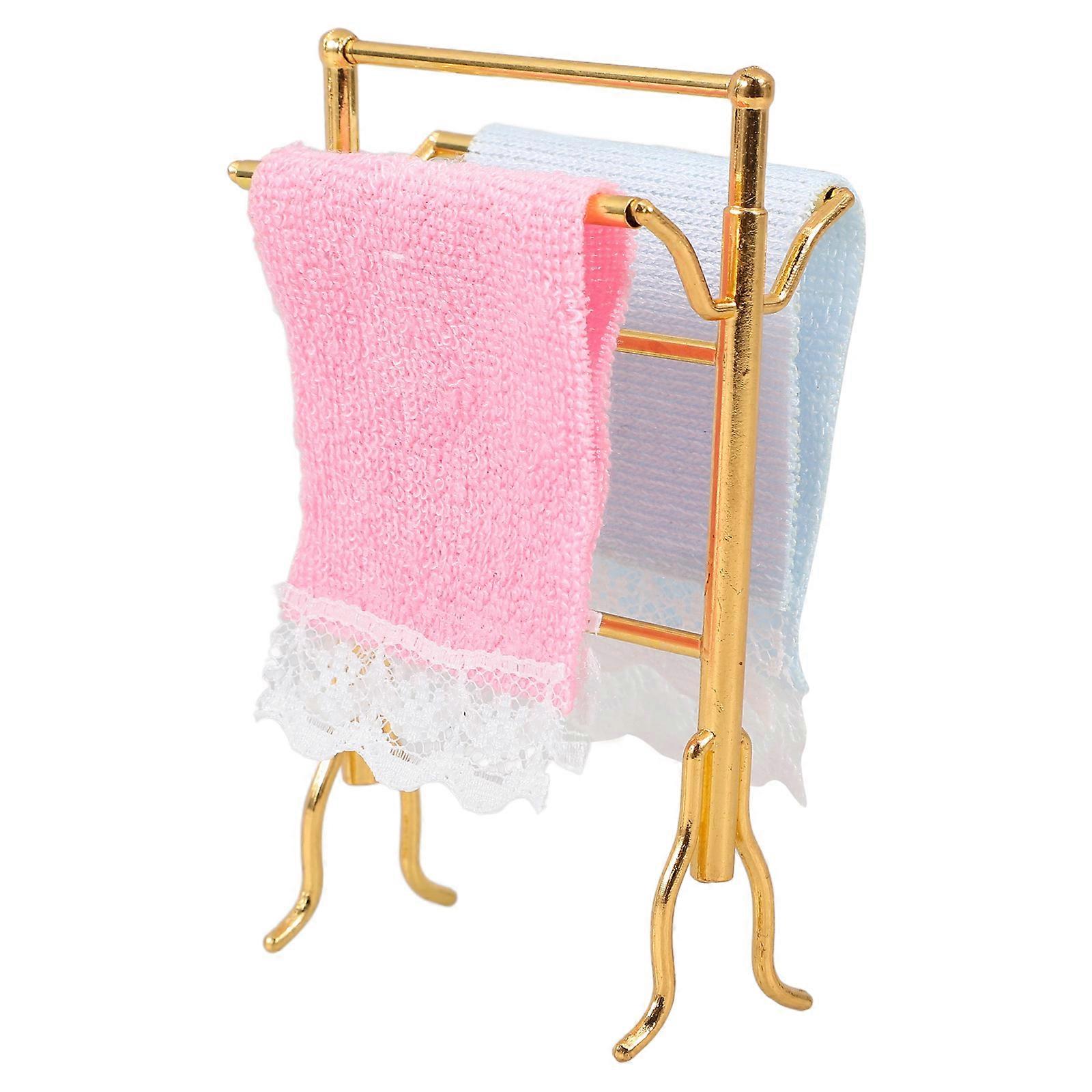 Mini House Accessory Towel Rack For Miniature Scene Creation Decorative Rectangular Metal Golden 8.00X5.00X2.50CM 1Set