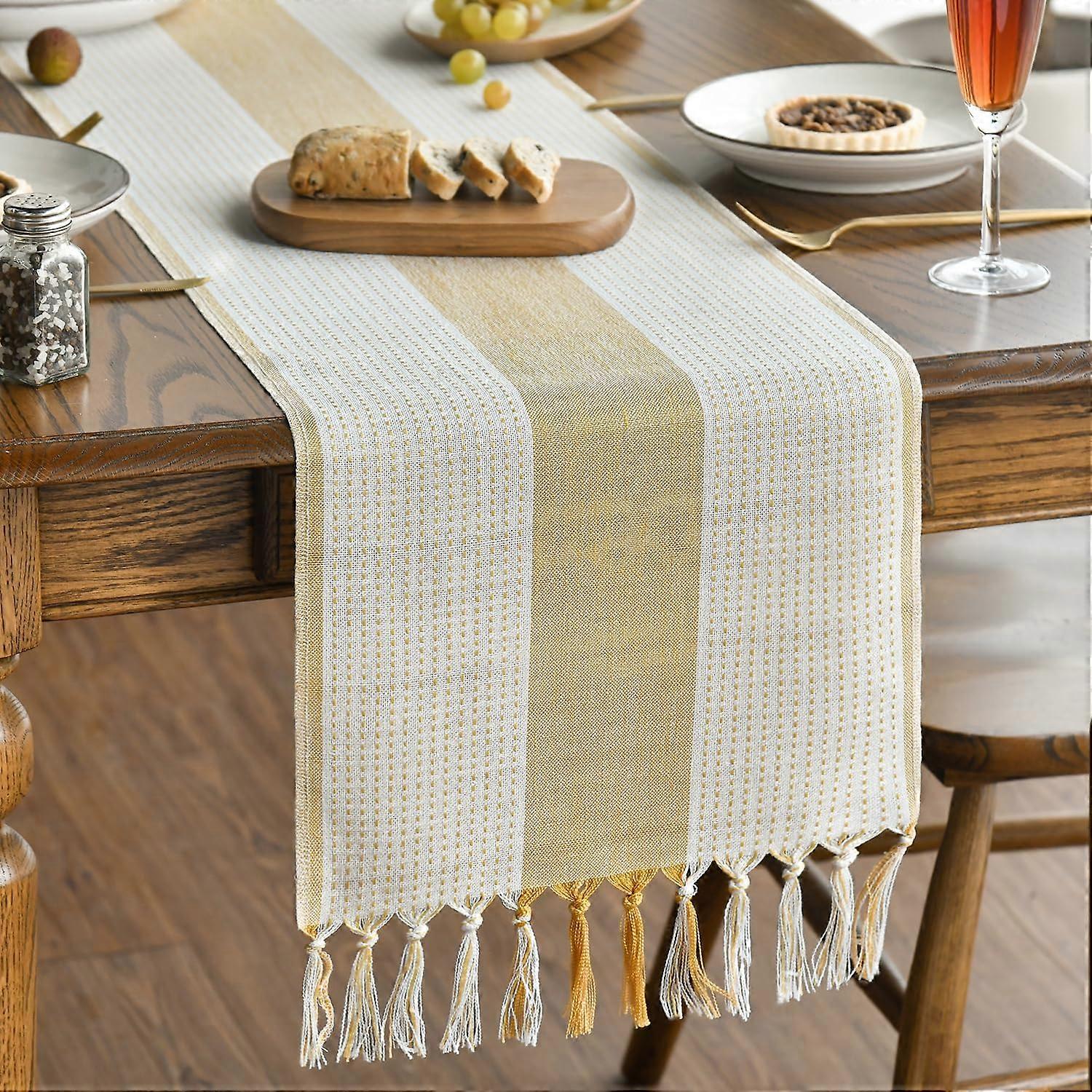 Boho Yellow Farmhouse Style Table Runner with Tassels, Washable Decorative Table Linen for Party and Wedding, 33 x 143 cm