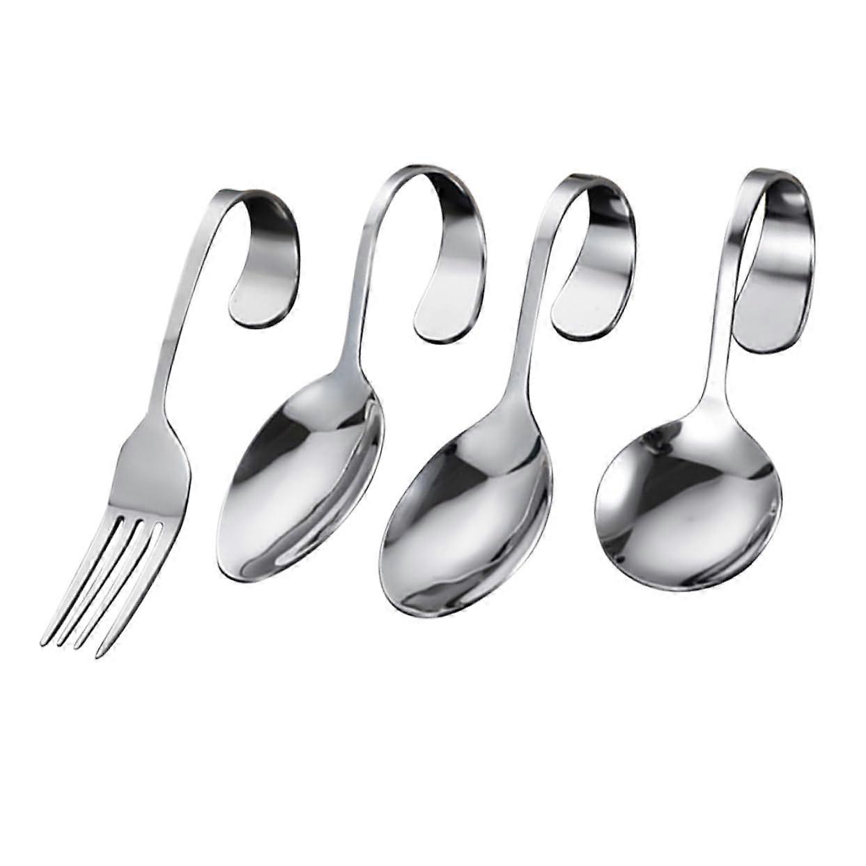 4-Piece Stainless Steel Cutlery Set with Curved Handle Spoon for Caviar and Delicatessen, Dishwasher Safe Kitchen Utensils