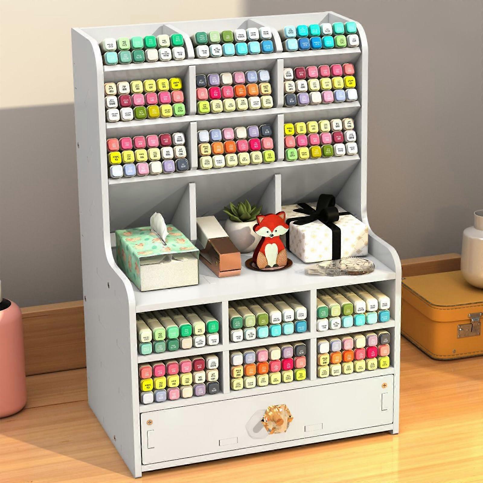 Marker Organiser, Desk Organiser, Pen Holder Desk with Drawer, DIY Pen Holder Box, Desk Storage Rack for Office, School and Home