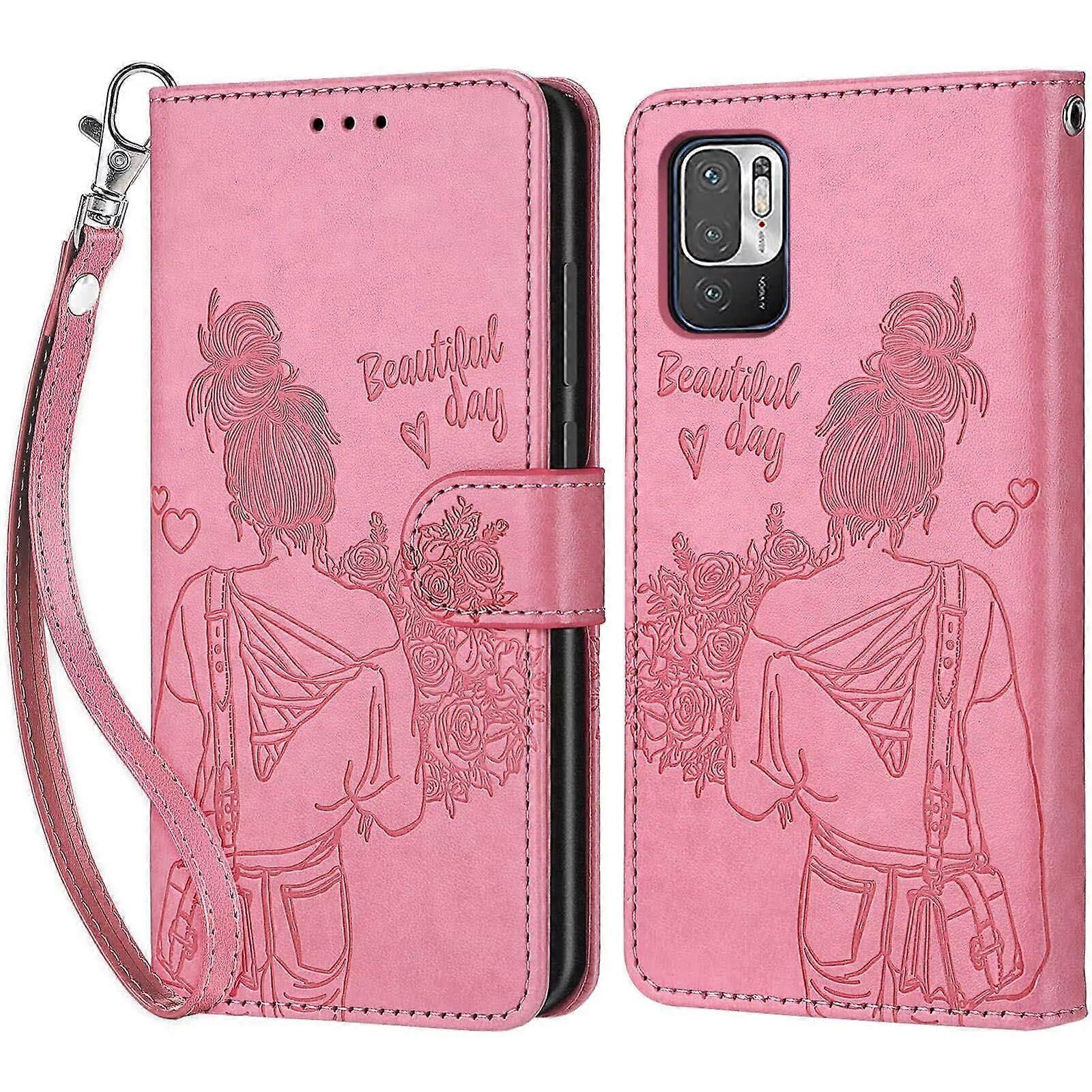 Mobile Phone Case For Xiaomi Redmi Note 10 5G PU Leather Flip Case Flower Butterfly Pattern Shockproof Case Pink