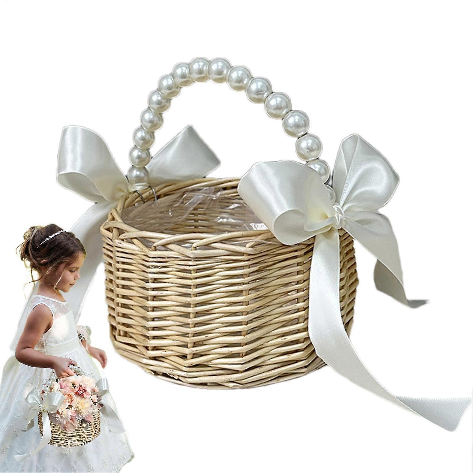 Wicker Rattan Flower Girl Basket with Cute Pearl Handle Bowknot