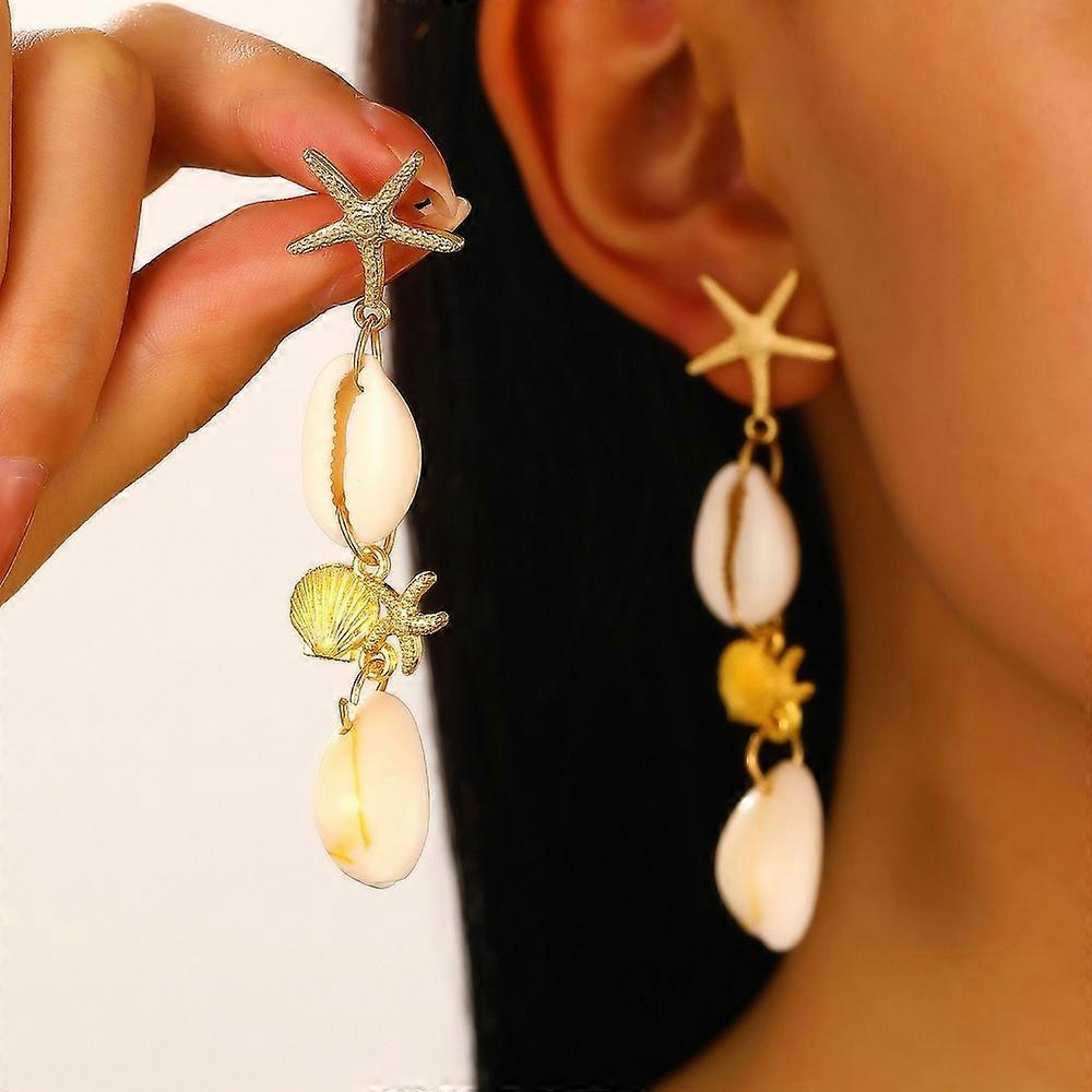 Gold Conch Starfish Earrings - Beach Dangle Drop Earrings Women